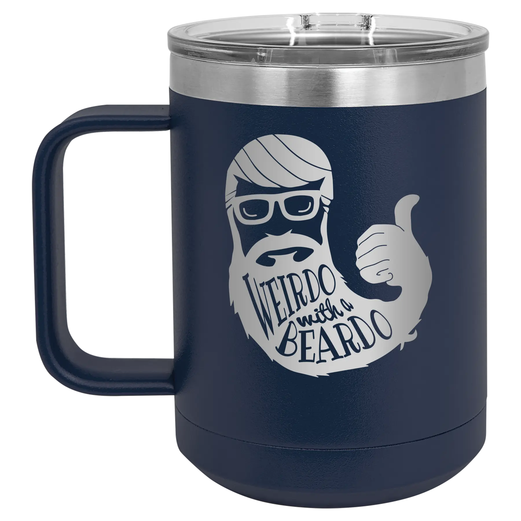 Laser etched navy 15 oz vacuum insulated coffee mug with 'Weirdo with a Beardo' design