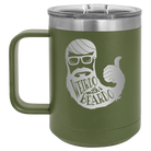 Laser etched olive green 15 oz vacuum insulated coffee mug with 'Weirdo with a Beardo' design