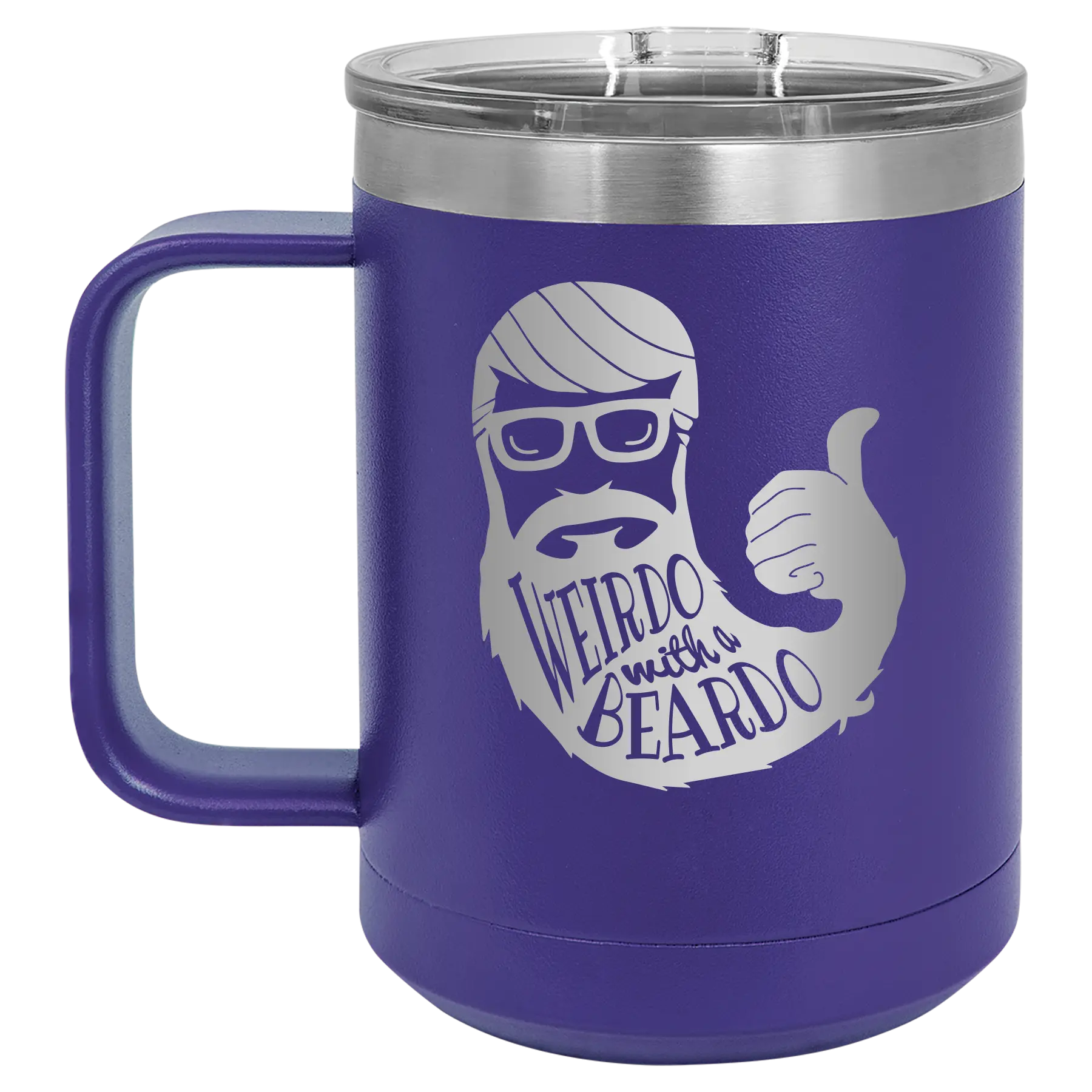 Laser etched purple 15 oz vacuum insulated coffee mug with 'Weirdo with a Beardo' design