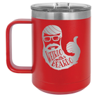 Laser etched red 15 oz vacuum insulated coffee mug with 'Weirdo with a Beardo' design
