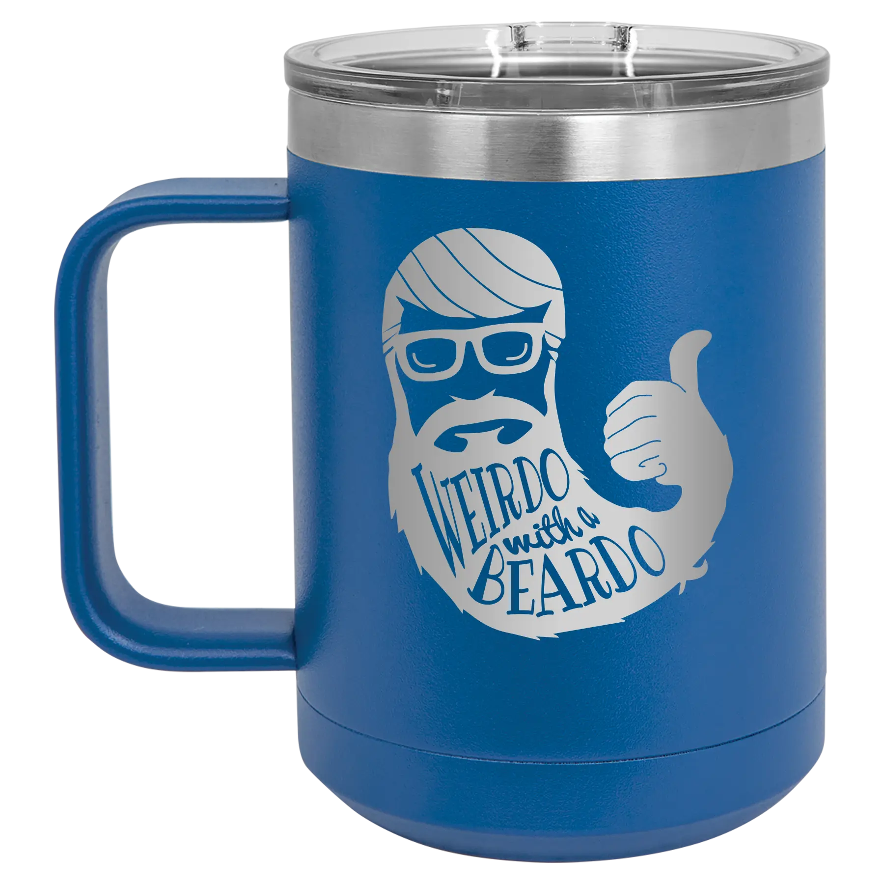 Laser etched royal blue 15 oz vacuum insulated coffee mug with 'Weirdo with a Beardo' design