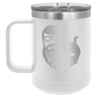 Laser etched white 15 oz vacuum insulated coffee mug with 'Weirdo with a Beardo' design