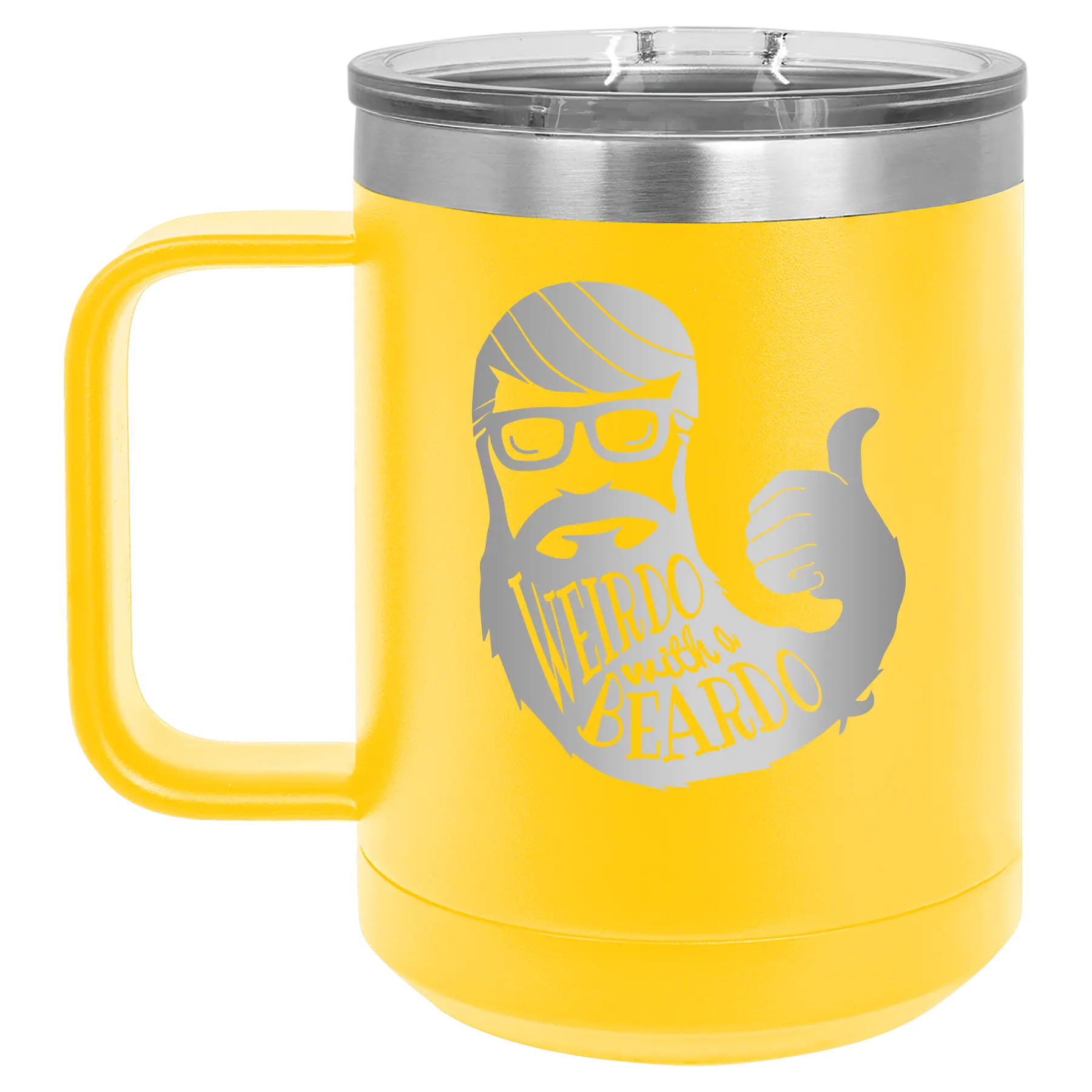 Laser etched yellow 15 oz vacuum insulated coffee mug with 'Weirdo with a Beardo' design