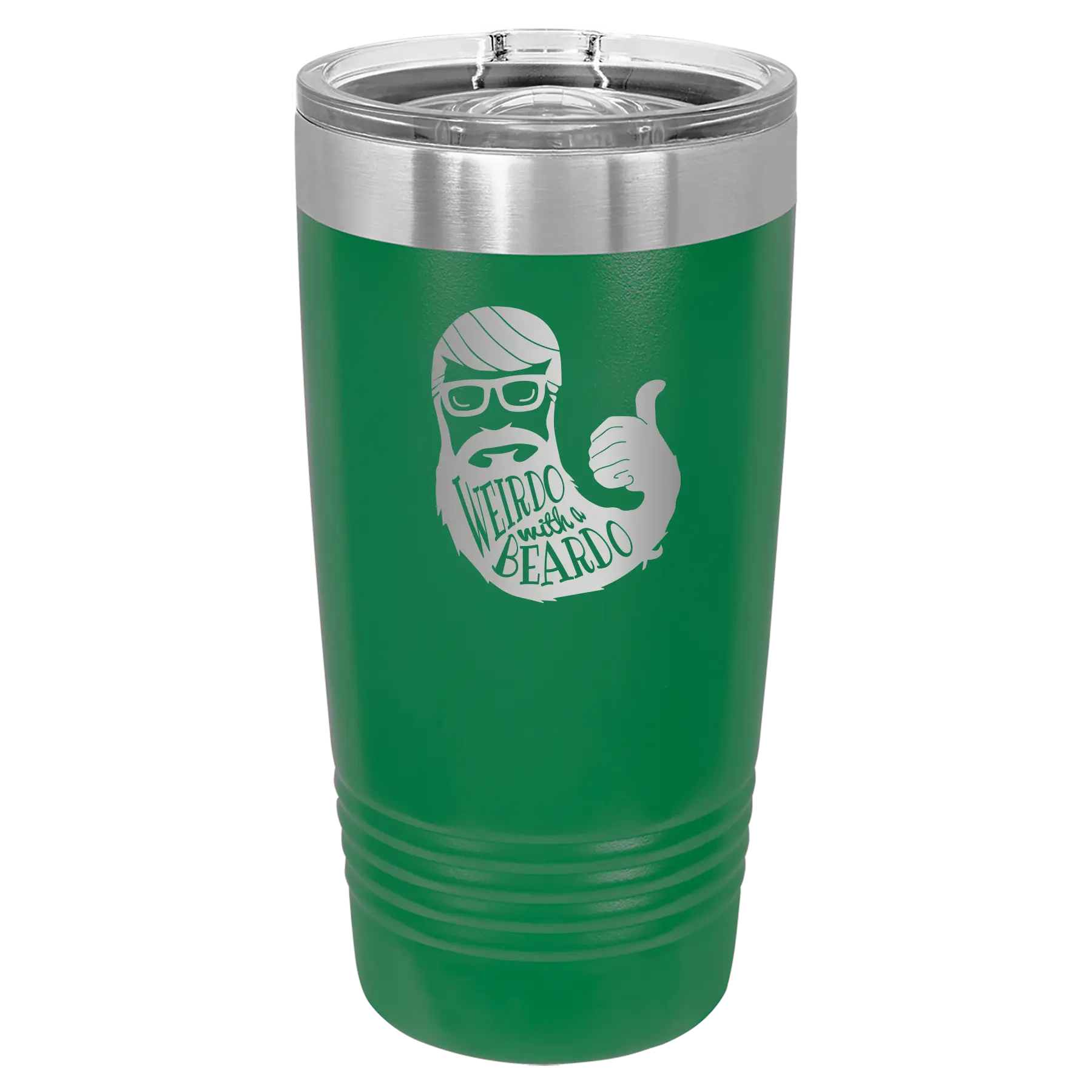 Laser etched green 20 oz vacuum insulated tumbler with 'Weirdo with a Beardo' design