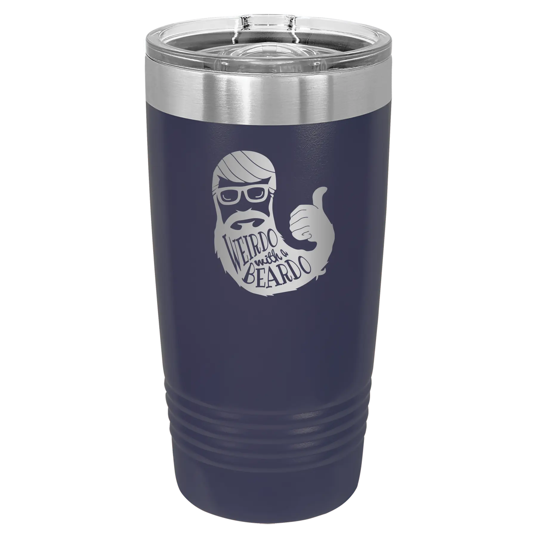 Laser etched navy 20 oz vacuum insulated tumbler with 'Weirdo with a Beardo' design
