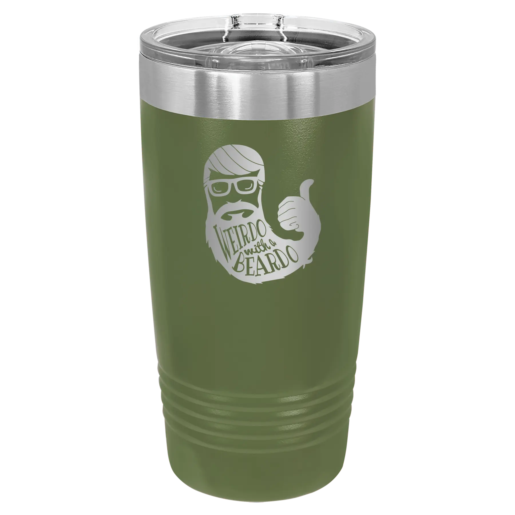 Laser etched olive green 20 oz vacuum insulated tumbler with 'Weirdo with a Beardo' design