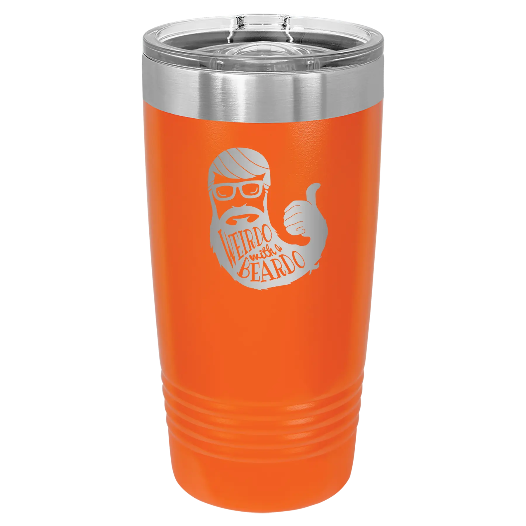 Laser etched orange 20 oz vacuum insulated tumbler with 'Weirdo with a Beardo' design