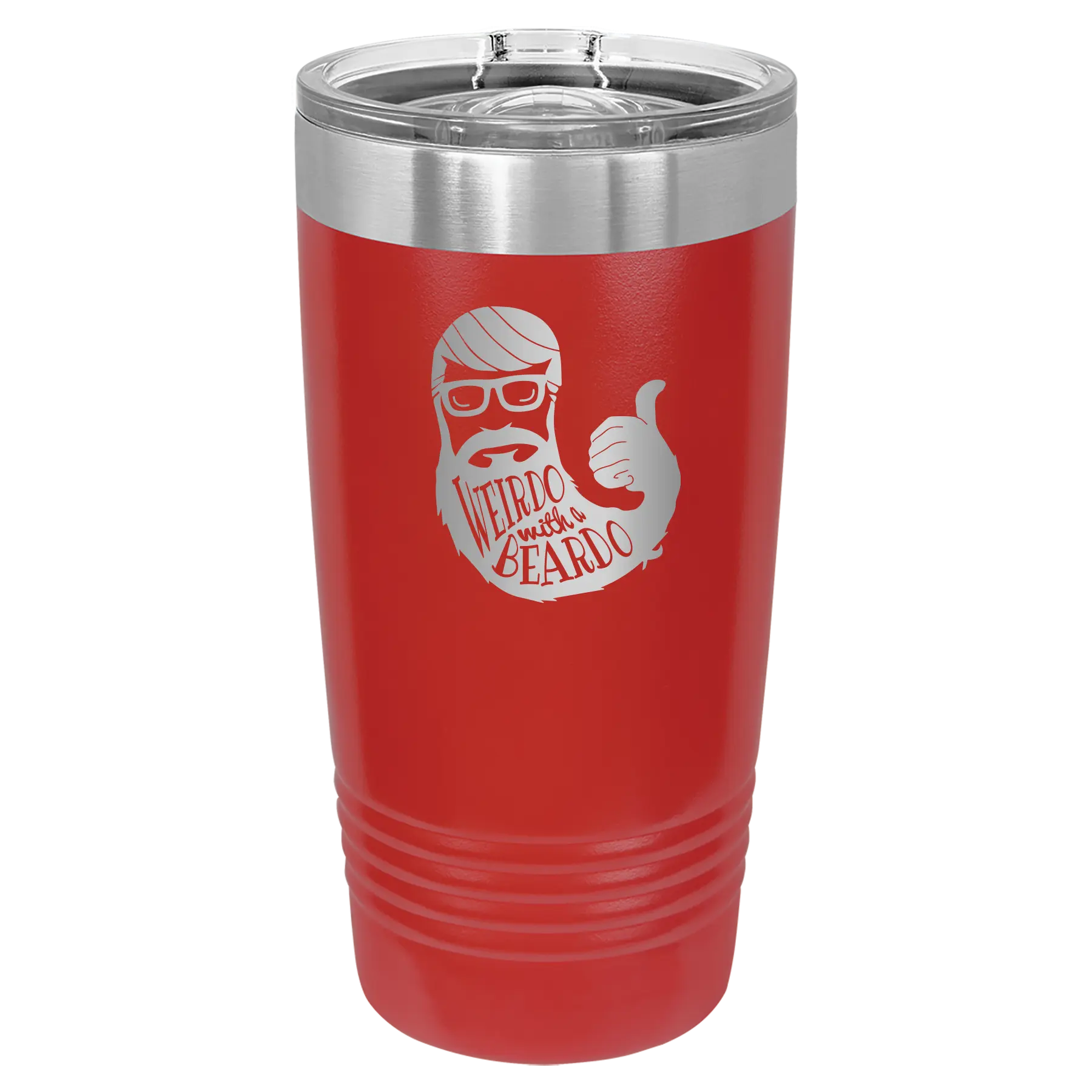 Laser etched red 20 oz vacuum insulated tumbler with 'Weirdo with a Beardo' design