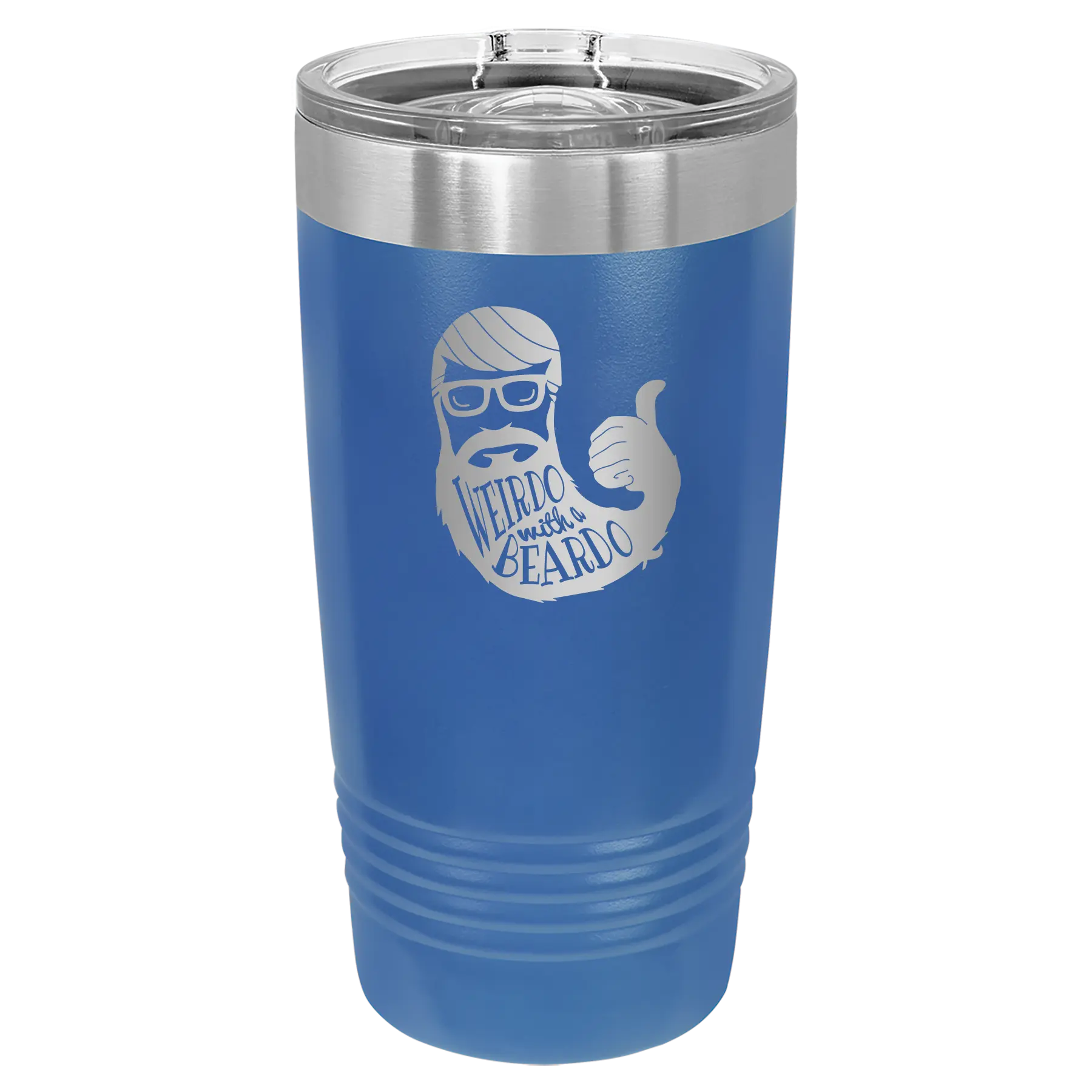 Laser etched royal blue 20 oz vacuum insulated tumbler with 'Weirdo with a Beardo' design