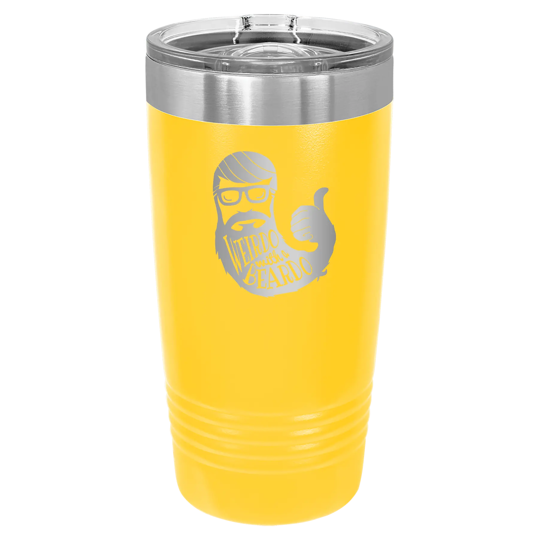 Laser etched yellow 20 oz vacuum insulated tumbler with 'Weirdo with a Beardo' design