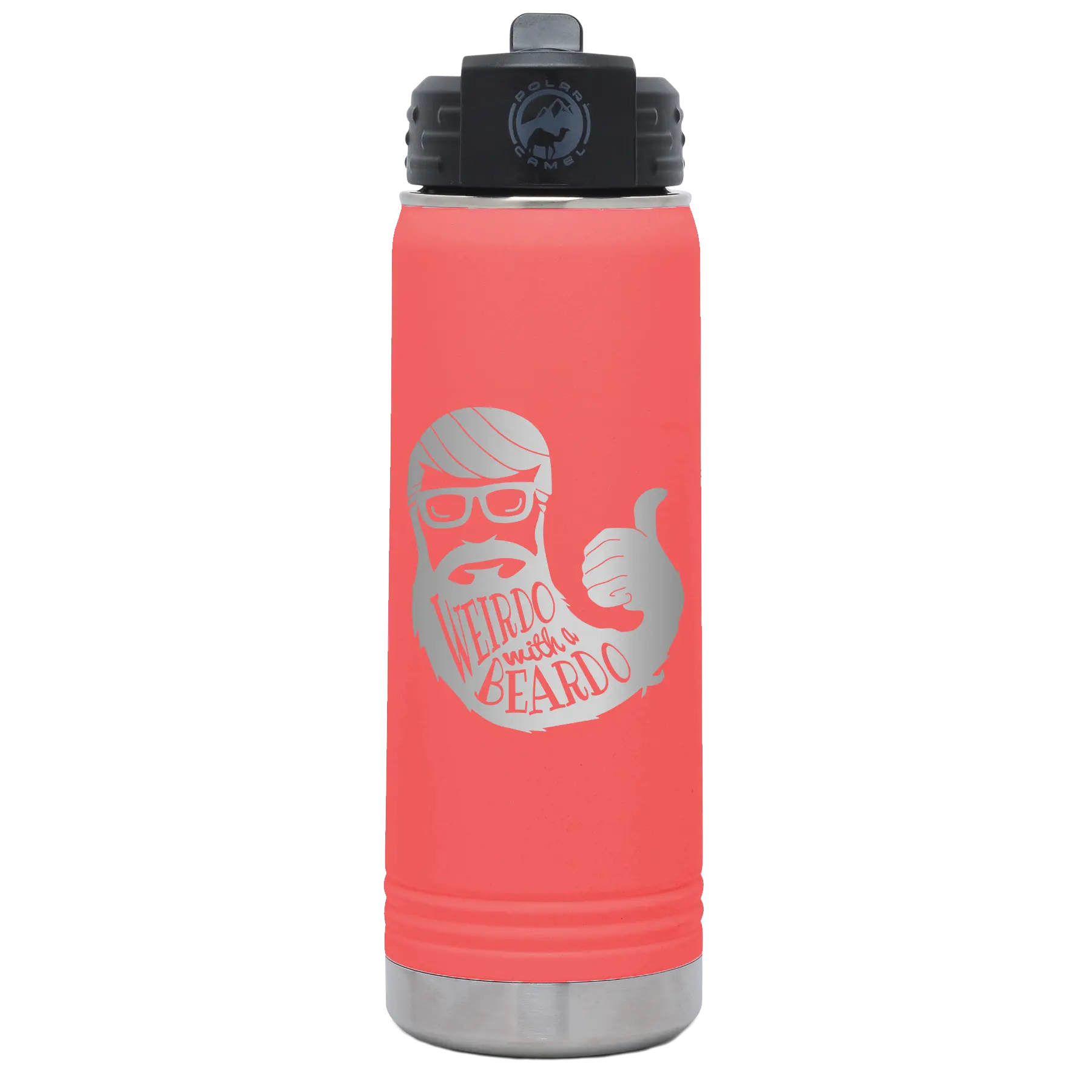 Laser etched coral 20 oz vacuum insulated water bottle with 'Weirdo with a Beardo' design