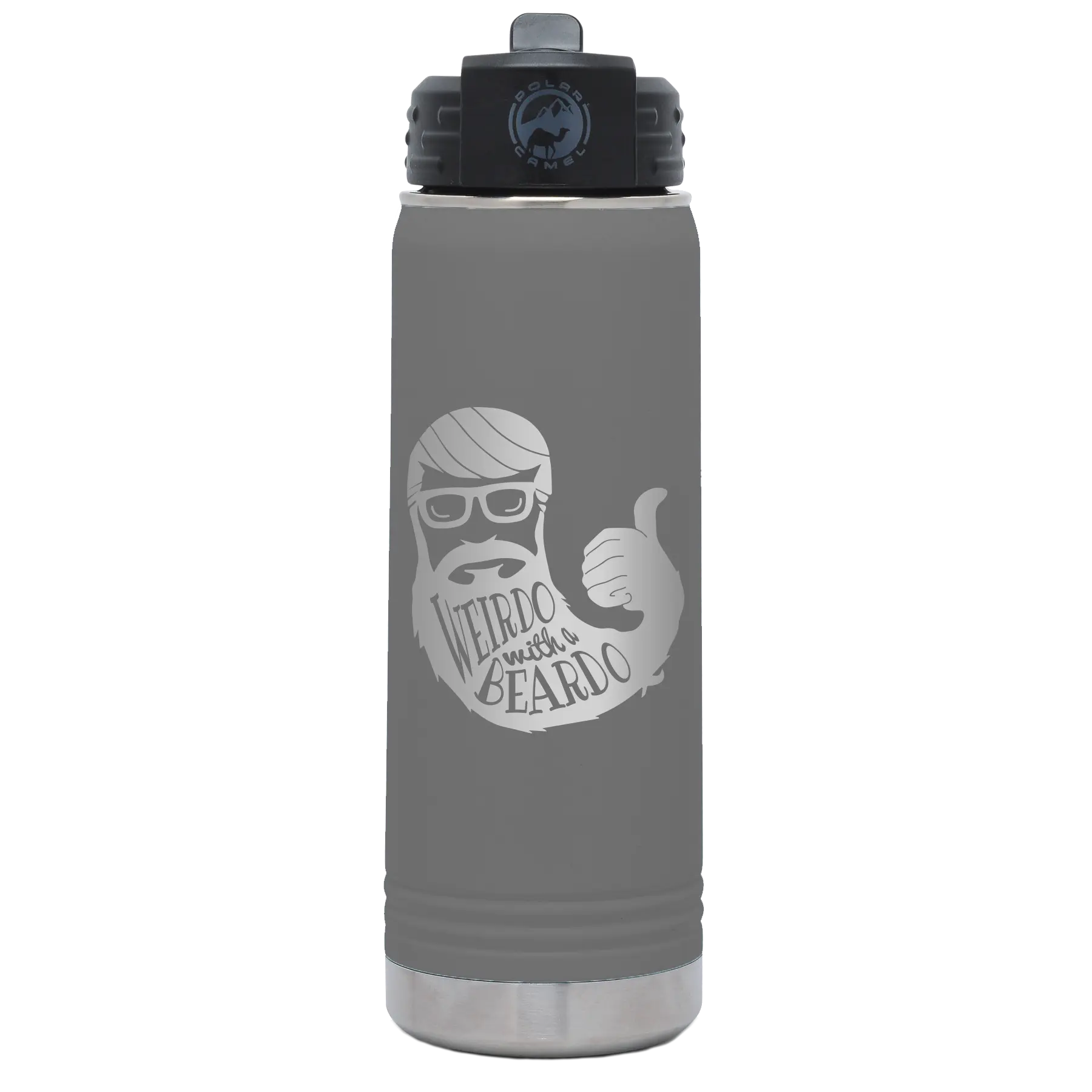 Laser etched dark gray 20 oz vacuum insulated water bottle with 'Weirdo with a Beardo' design