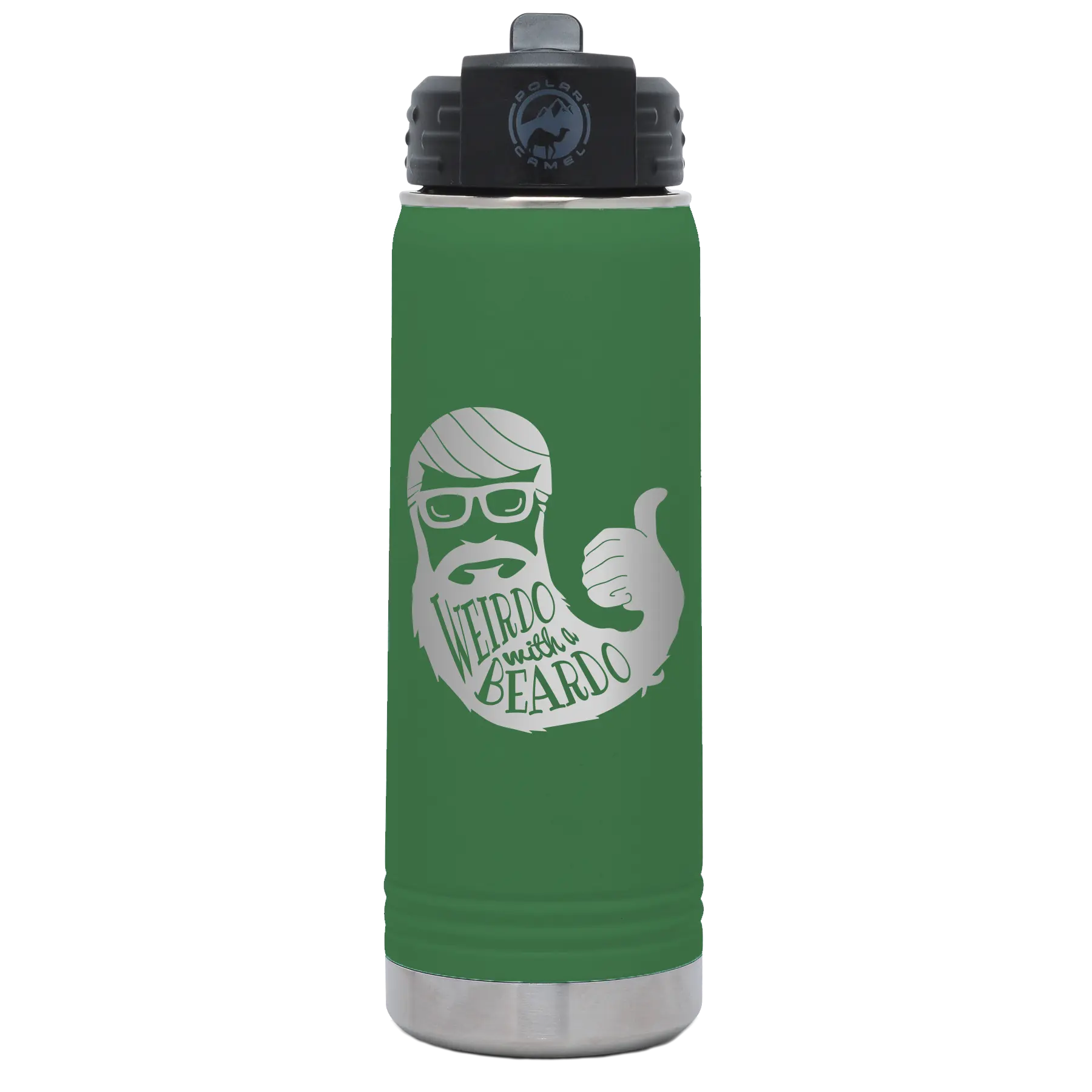 Laser etched green 20 oz vacuum insulated water bottle with 'Weirdo with a Beardo' design