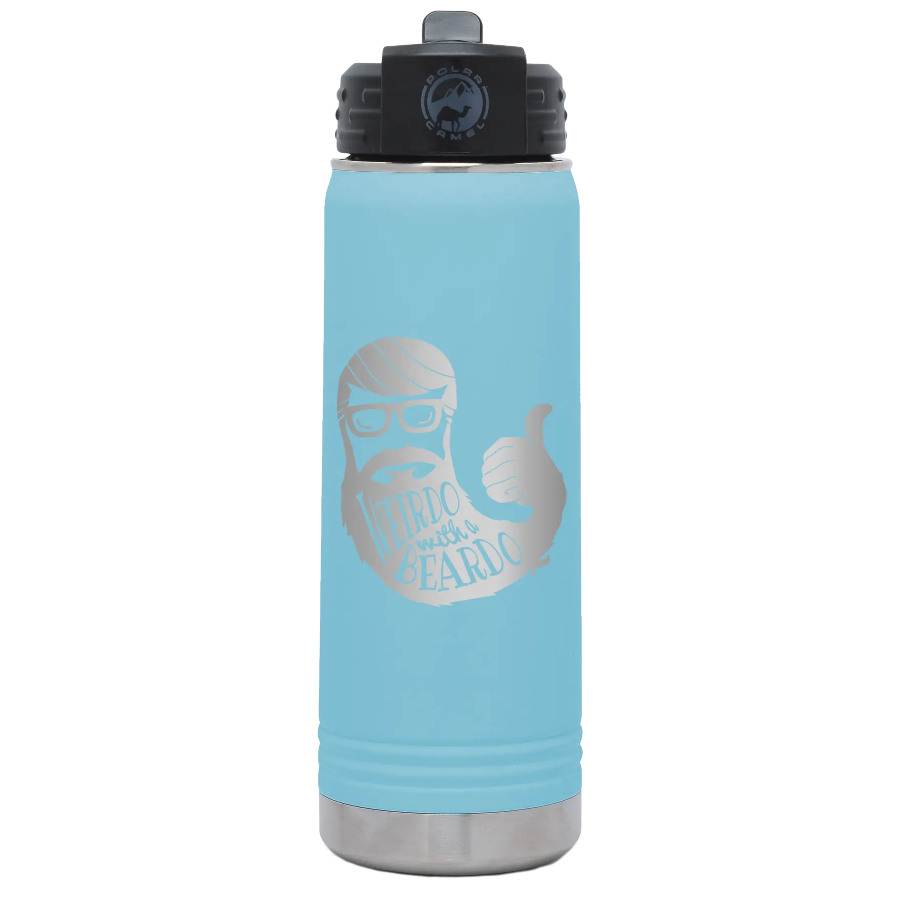 Laser etched light blue 20 oz vacuum insulated water bottle with 'Weirdo with a Beardo' design