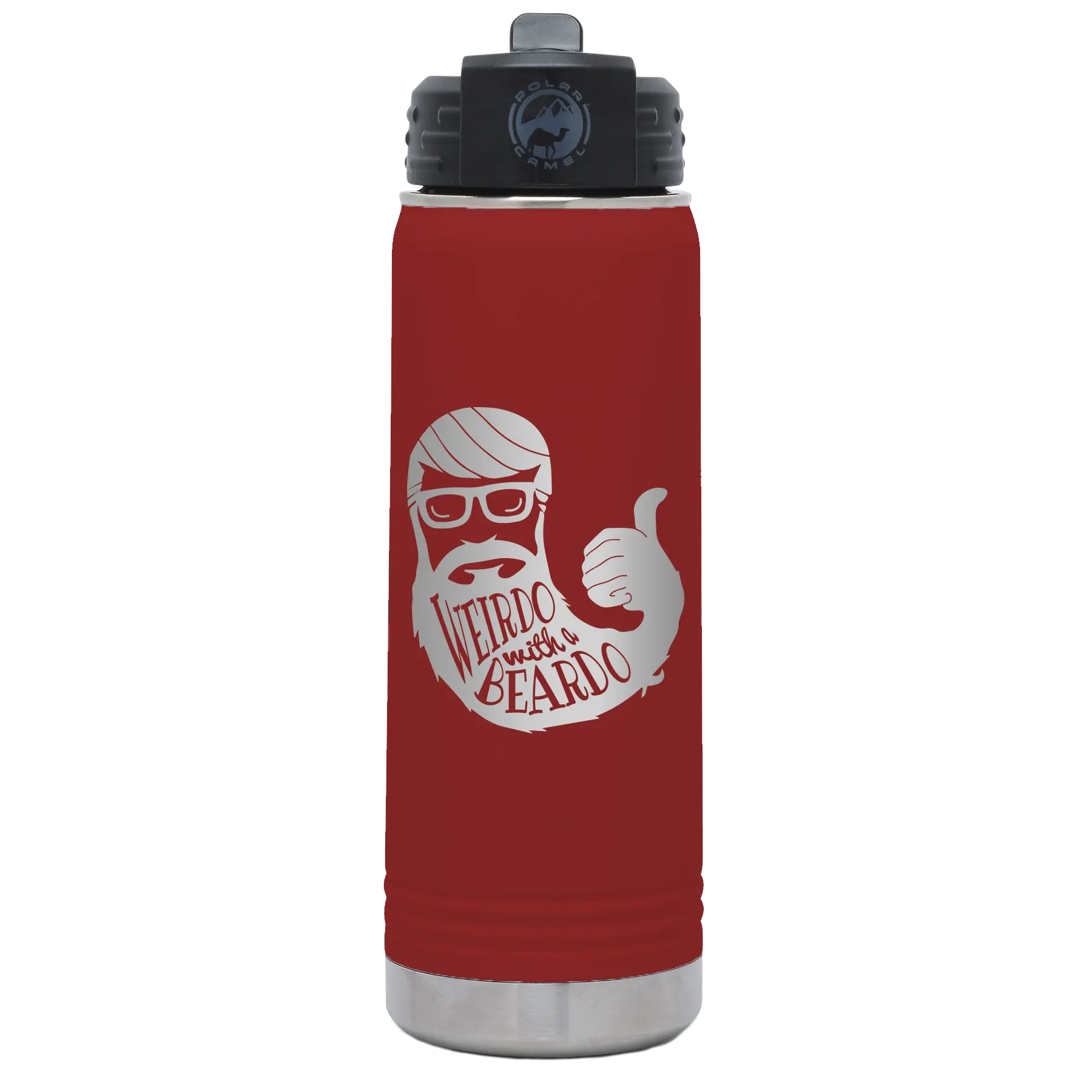Laser etched maroon 20 oz vacuum insulated water bottle with 'Weirdo with a Beardo' design