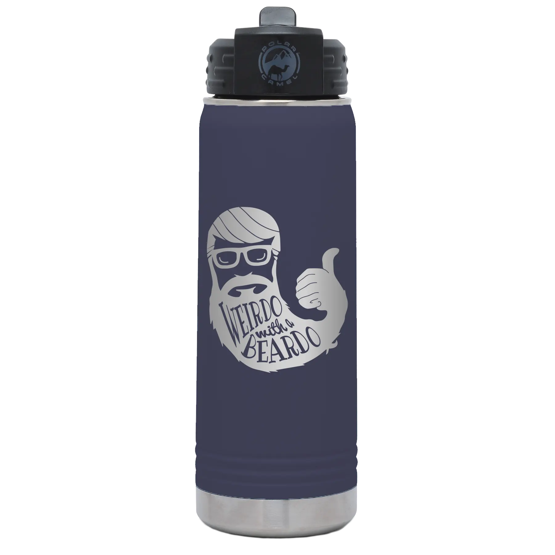 Laser etched navy 20 oz vacuum insulated water bottle with 'Weirdo with a Beardo' design