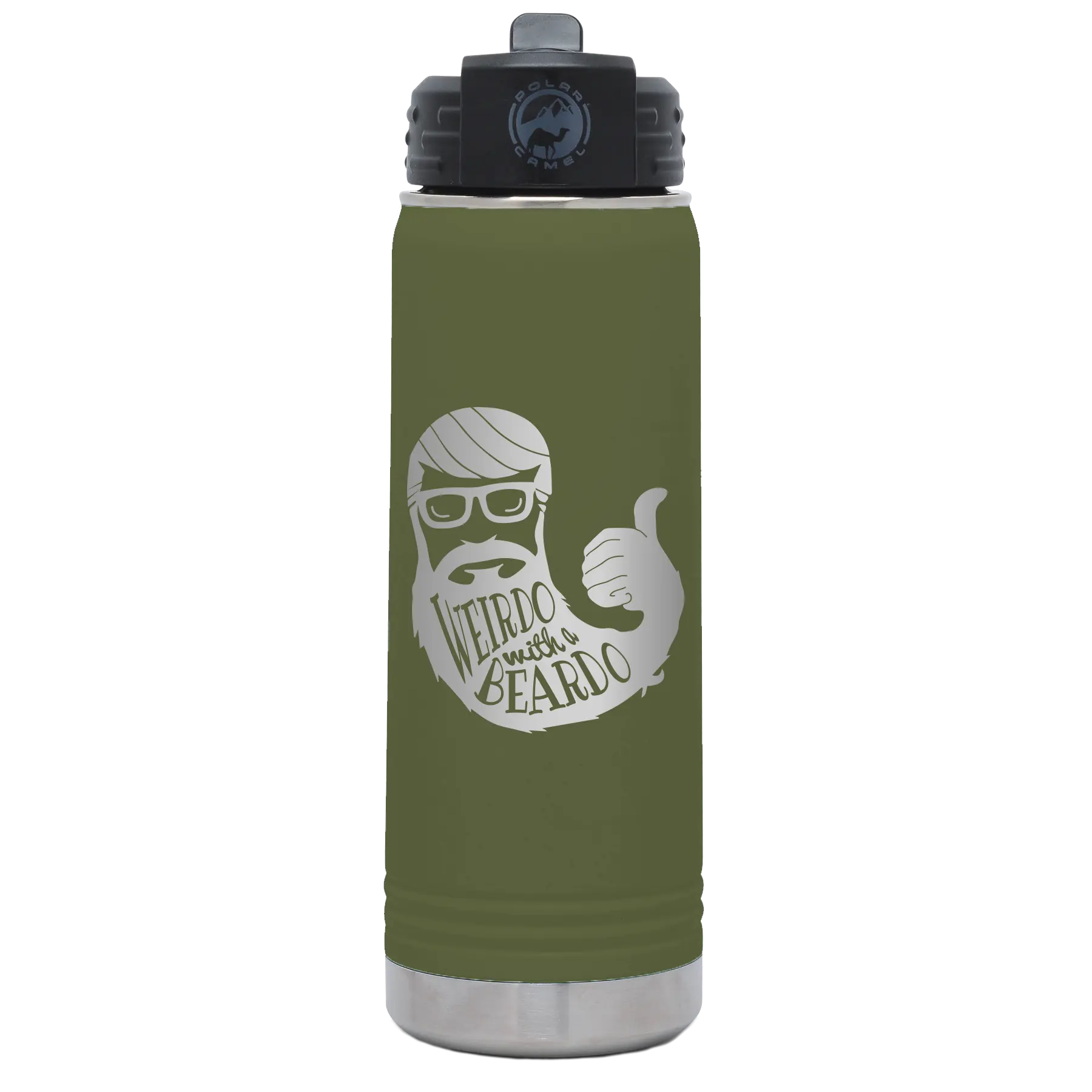 Laser etched olive green 20 oz vacuum insulated water bottle with 'Weirdo with a Beardo' design