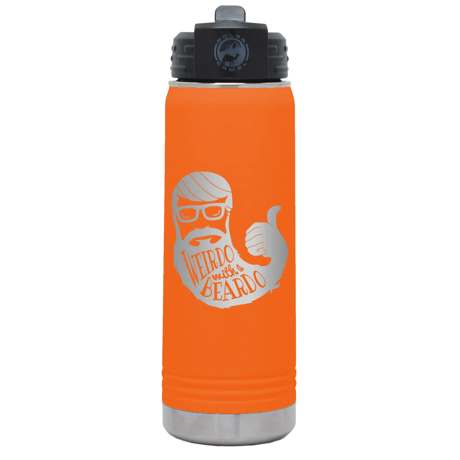 Laser etched orange 20 oz vacuum insulated water bottle with 'Weirdo with a Beardo' design