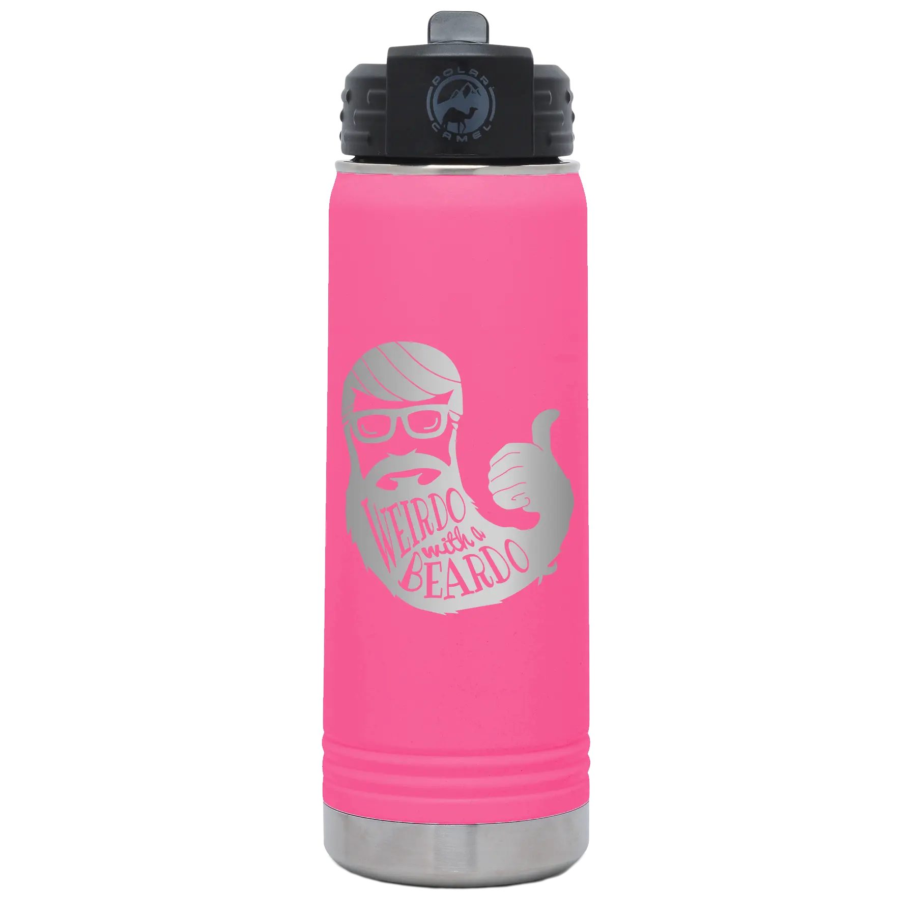 Laser etched pink 20 oz vacuum insulated water bottle with 'Weirdo with a Beardo' design