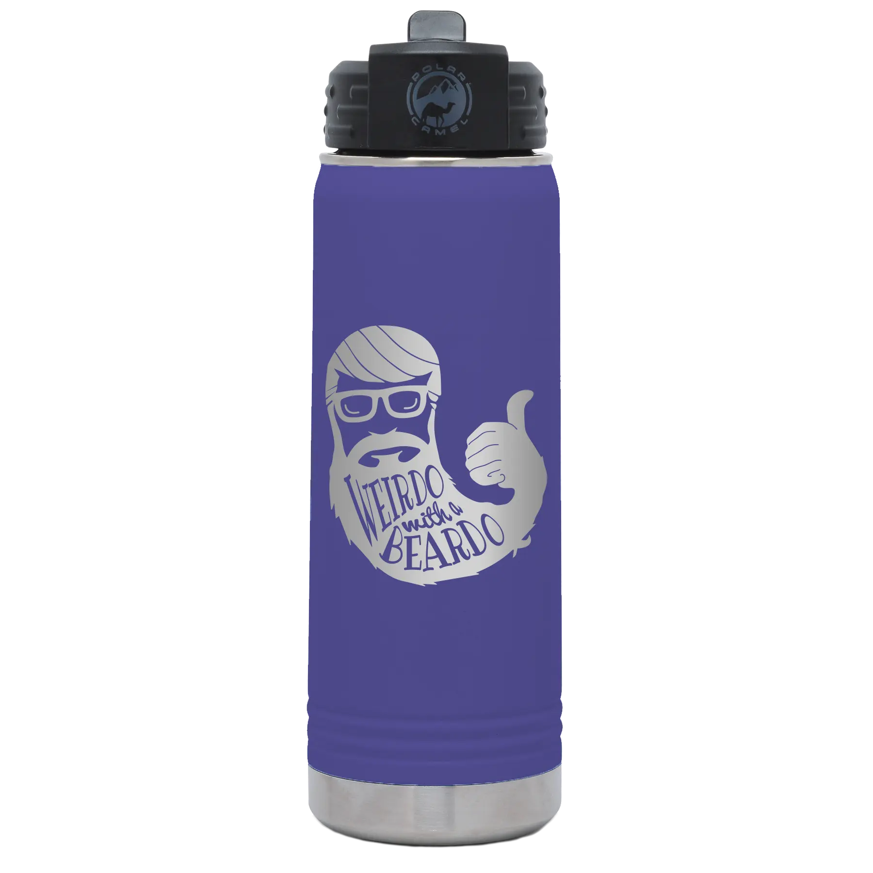 Laser etched purple 20 oz vacuum insulated water bottle with 'Weirdo with a Beardo' design