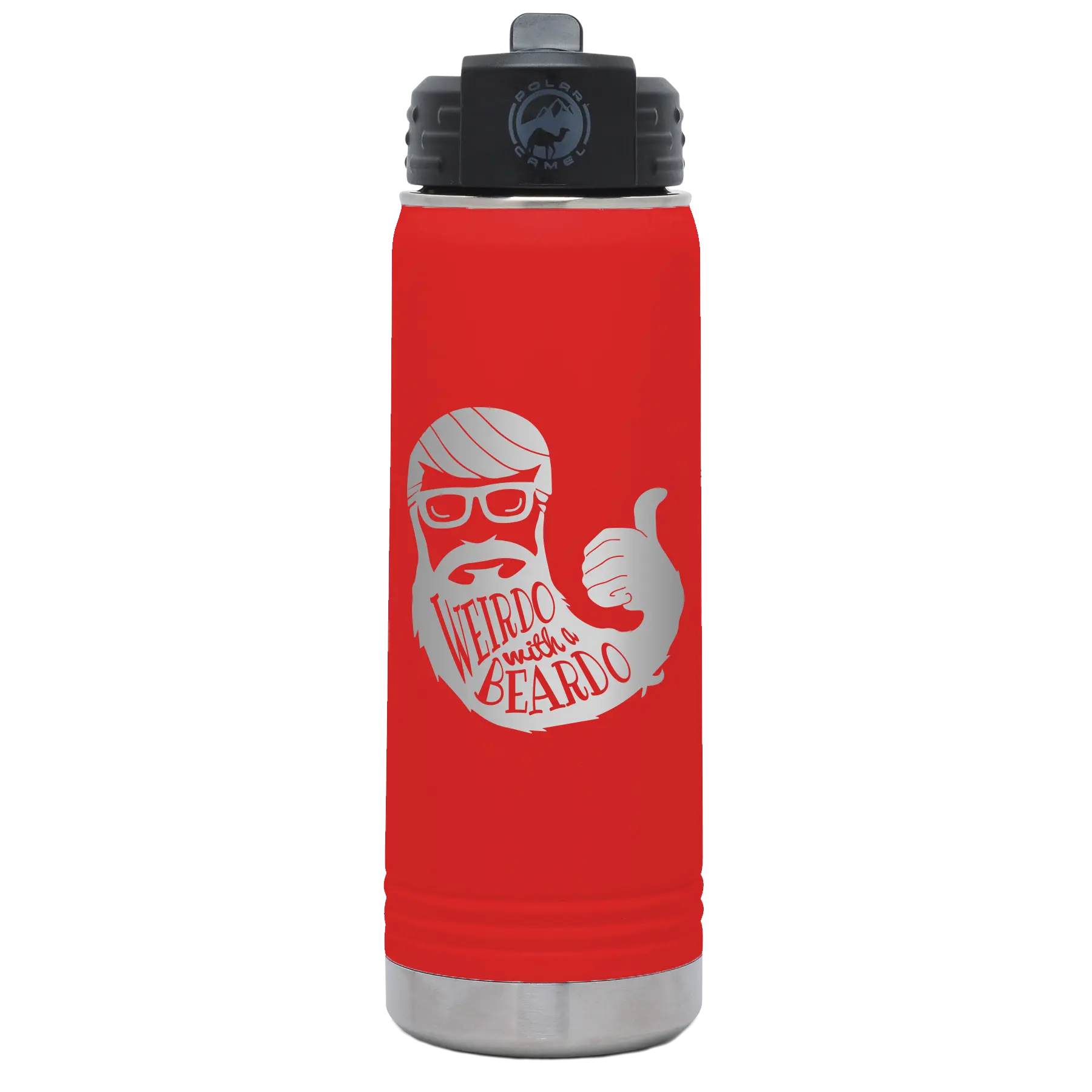 Laser etched red 20 oz vacuum insulated water bottle with 'Weirdo with a Beardo' design