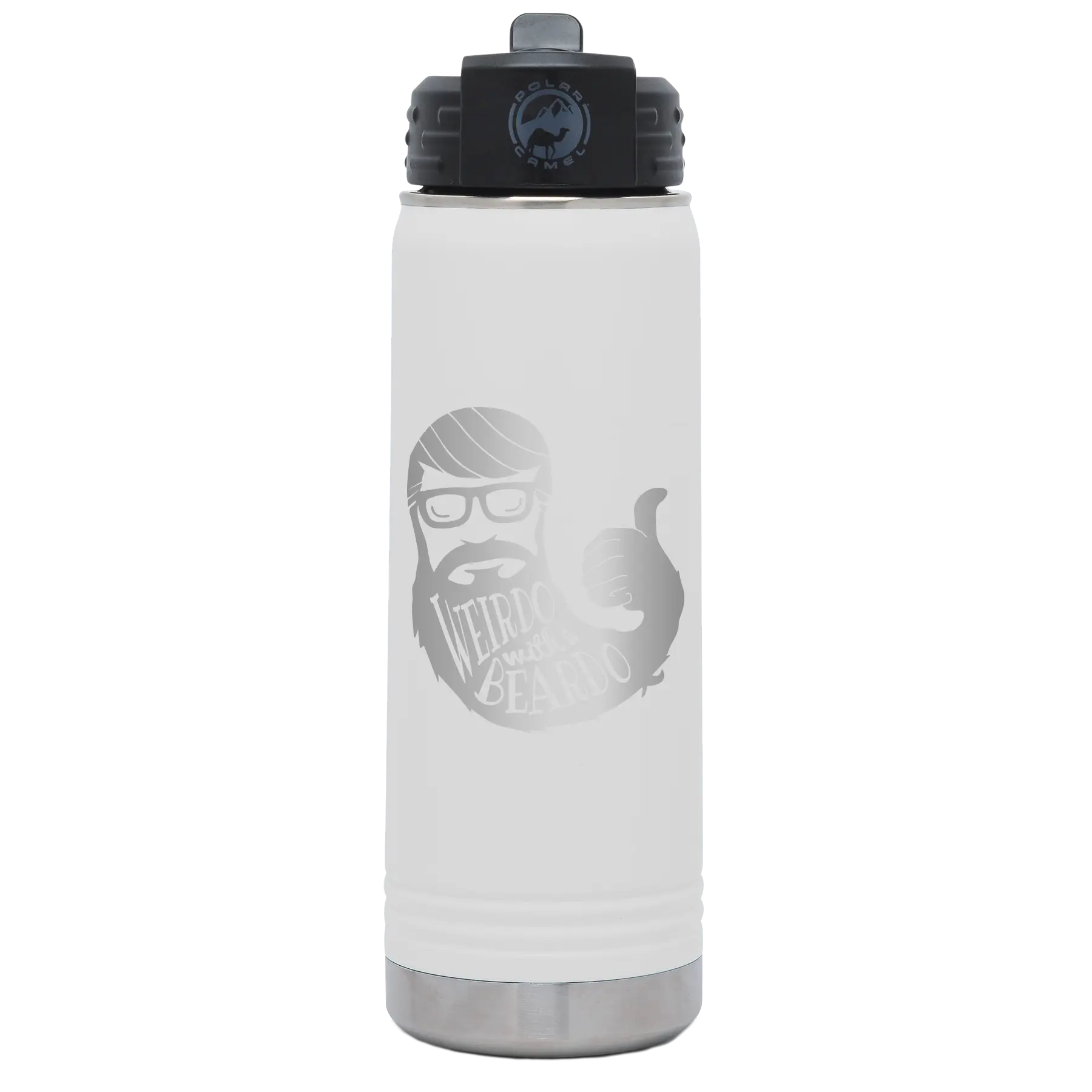 Laser etched white 20 oz vacuum insulated water bottle with 'Weirdo with a Beardo' design