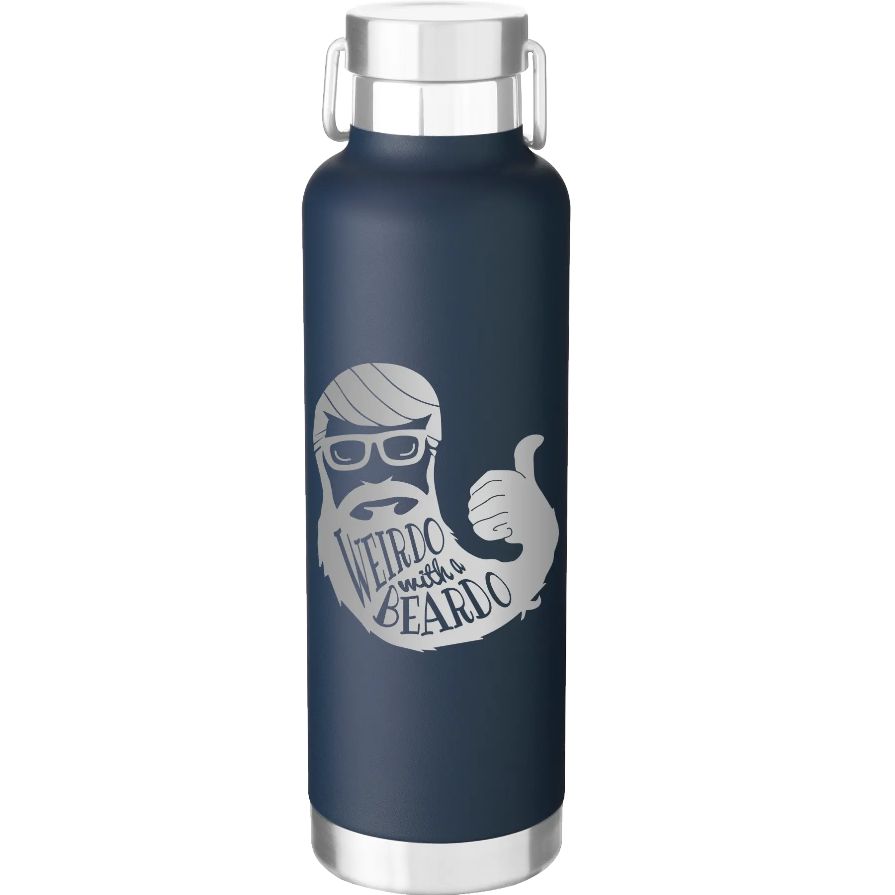 Laser etched navy 24 oz vacuum insulated water bottle with 'Weirdo with a Beardo' design