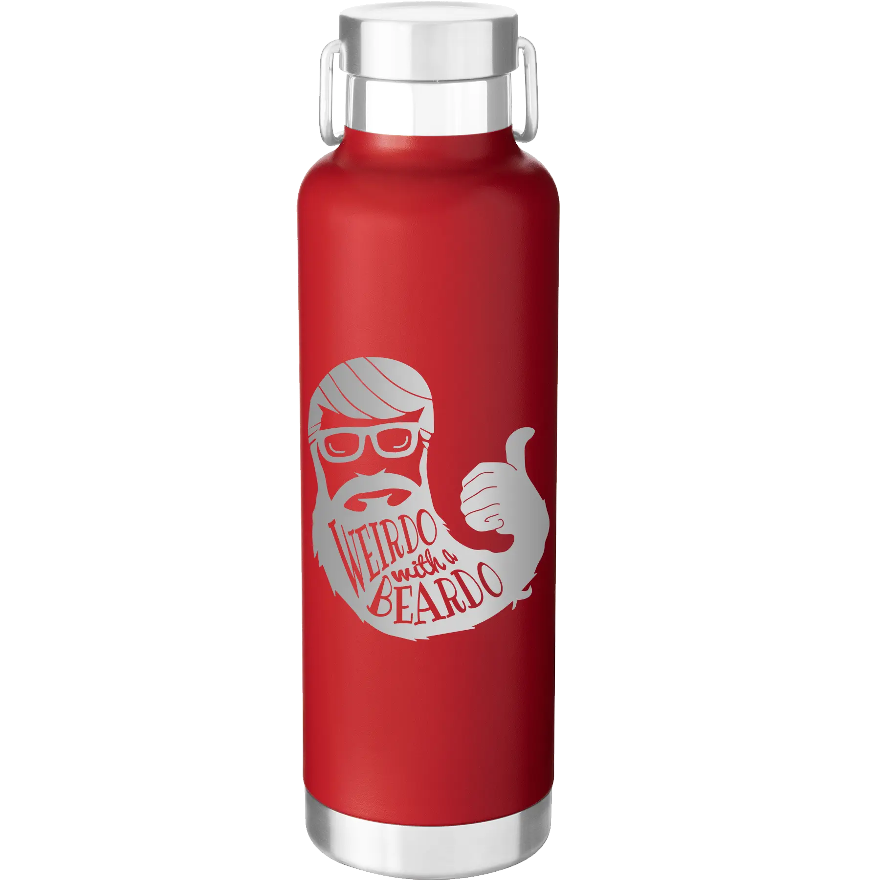 Laser etched red 24 oz vacuum insulated water bottle with 'Weirdo with a Beardo' design