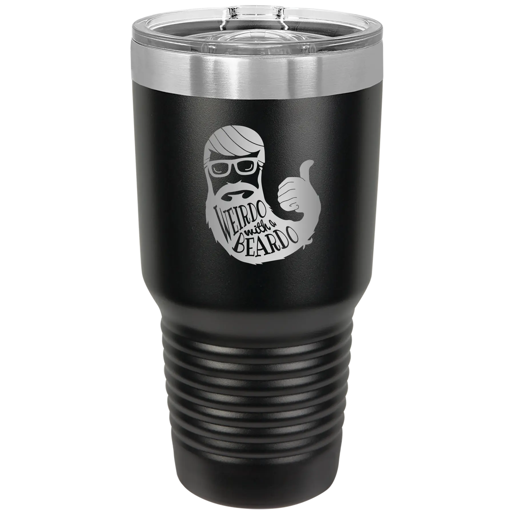 Laser etched black 30 oz vacuum insulated tumbler with 'Weirdo with a Beardo' design