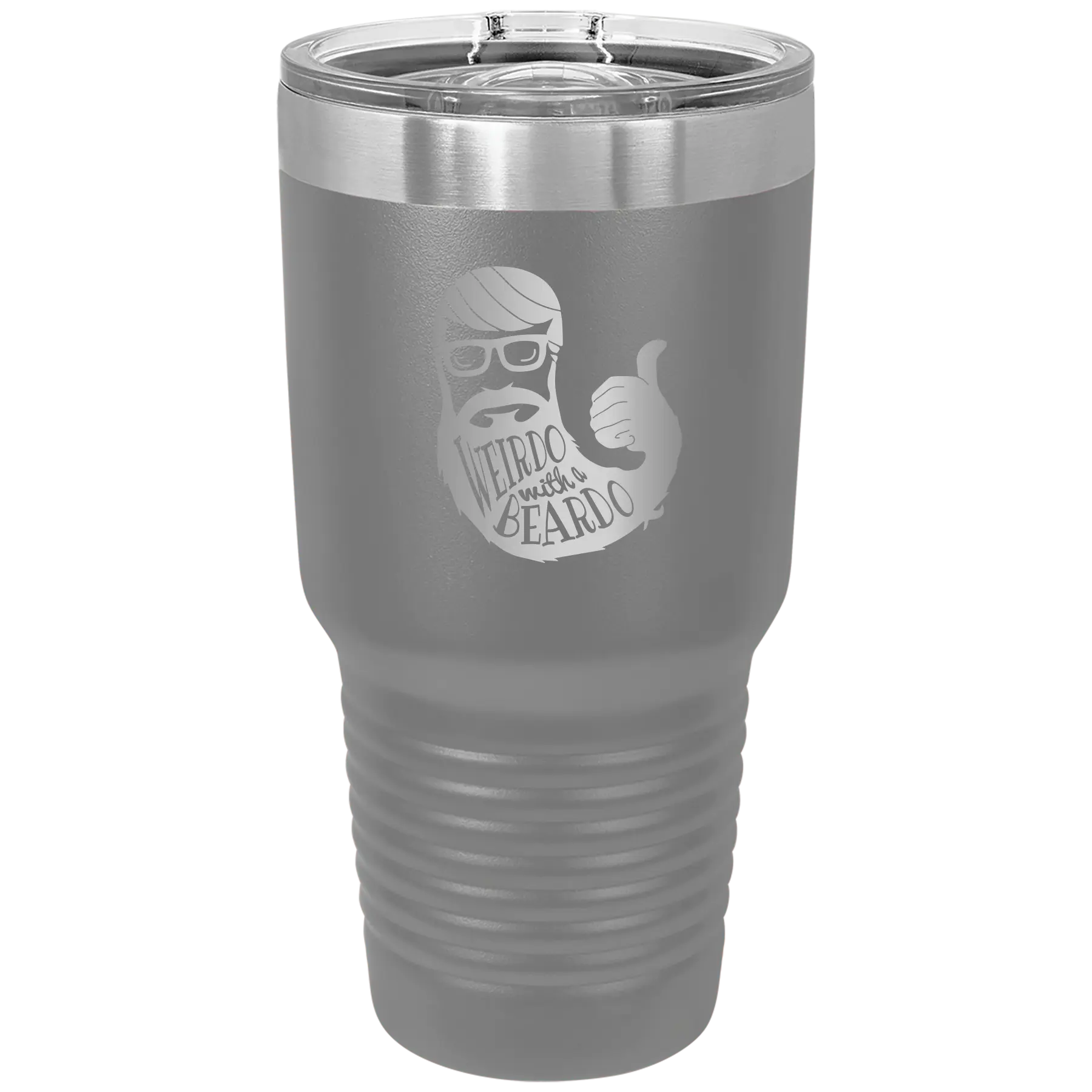 Laser etched dark gray 30 oz vacuum insulated tumbler with 'Weirdo with a Beardo' design