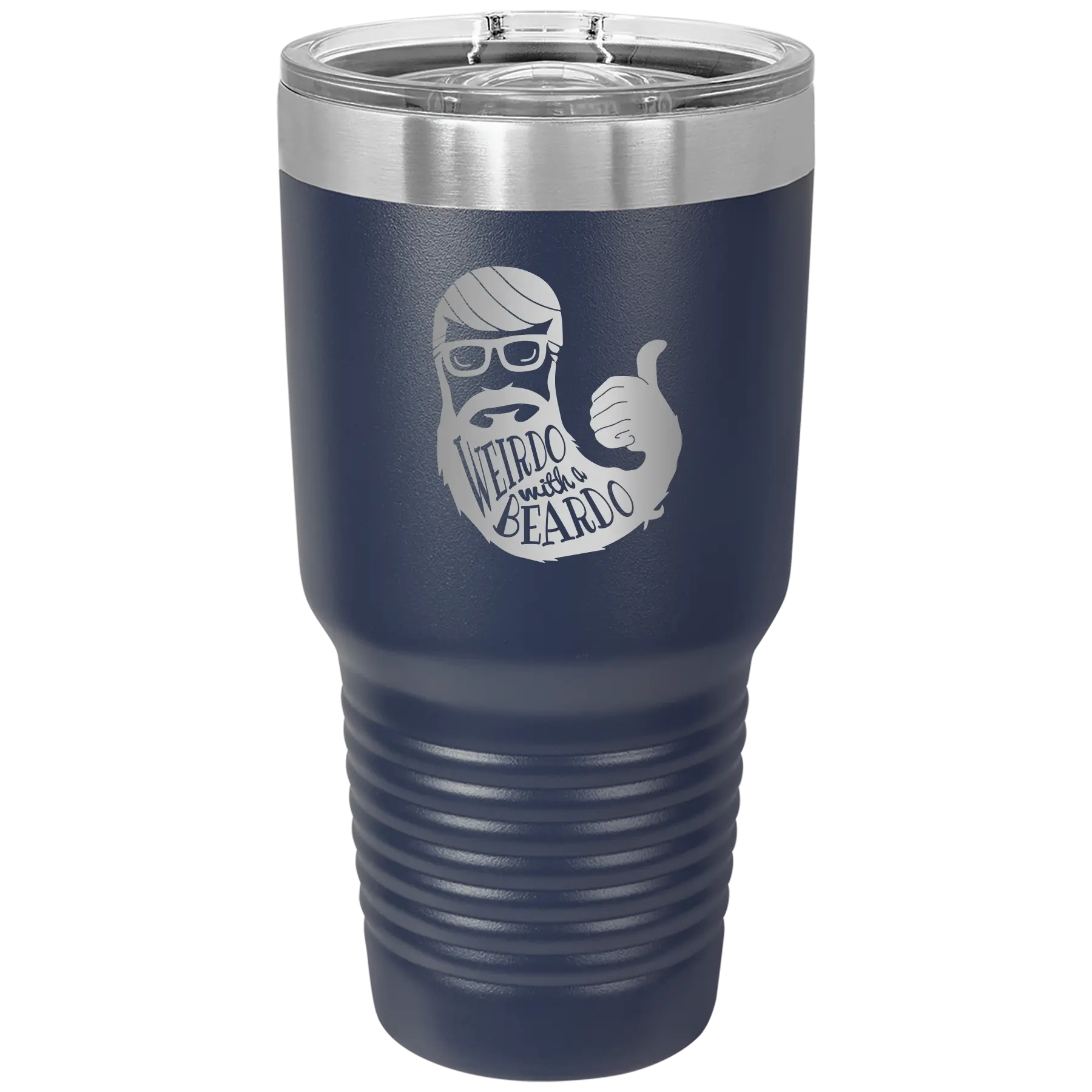 Laser etched navy 30 oz vacuum insulated tumbler with 'Weirdo with a Beardo' design