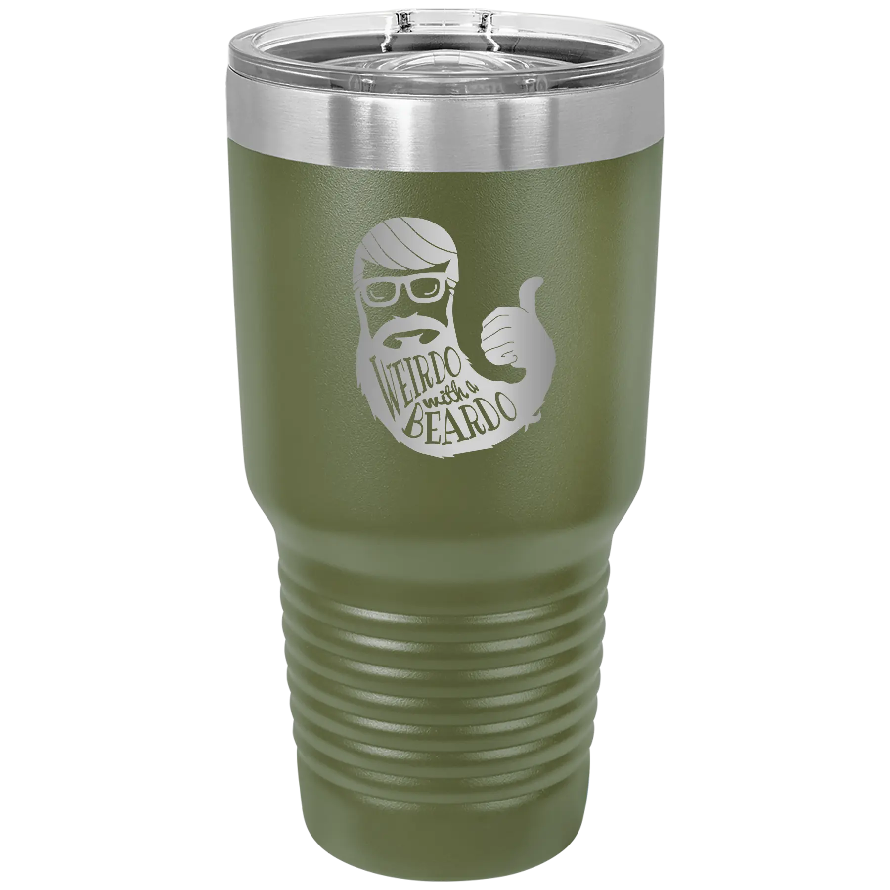 Laser etched olive green 30 oz vacuum insulated tumbler with 'Weirdo with a Beardo' design
