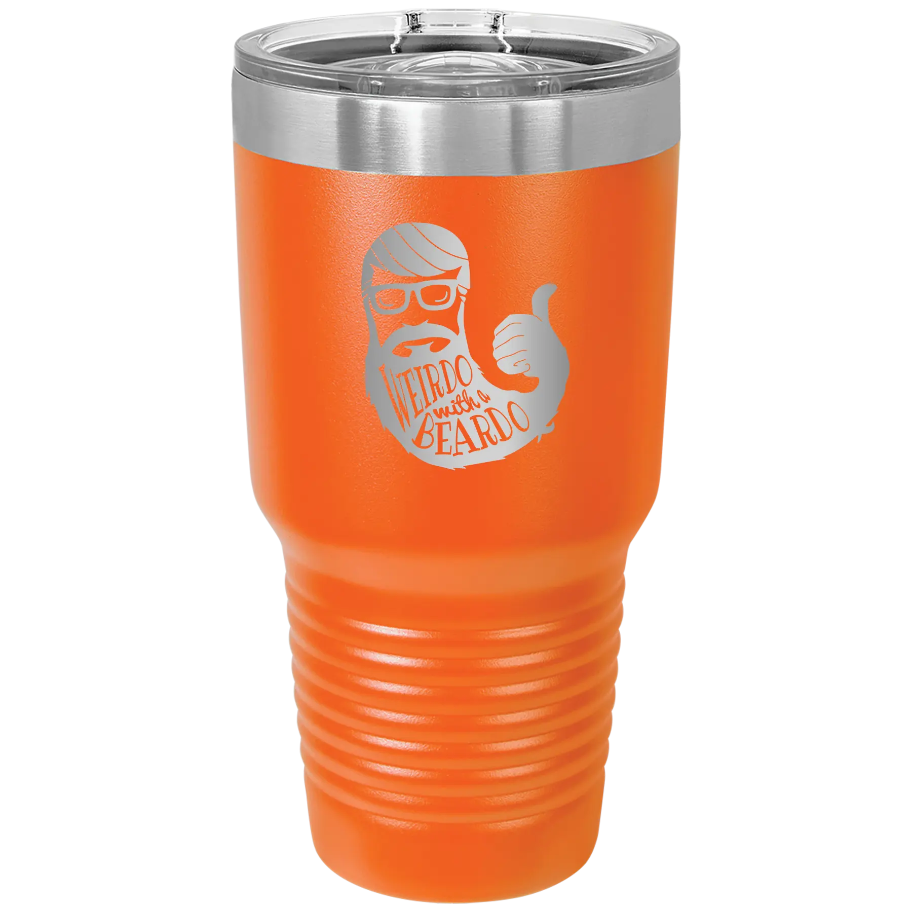 Laser etched orange 30 oz vacuum insulated tumbler with 'Weirdo with a Beardo' design