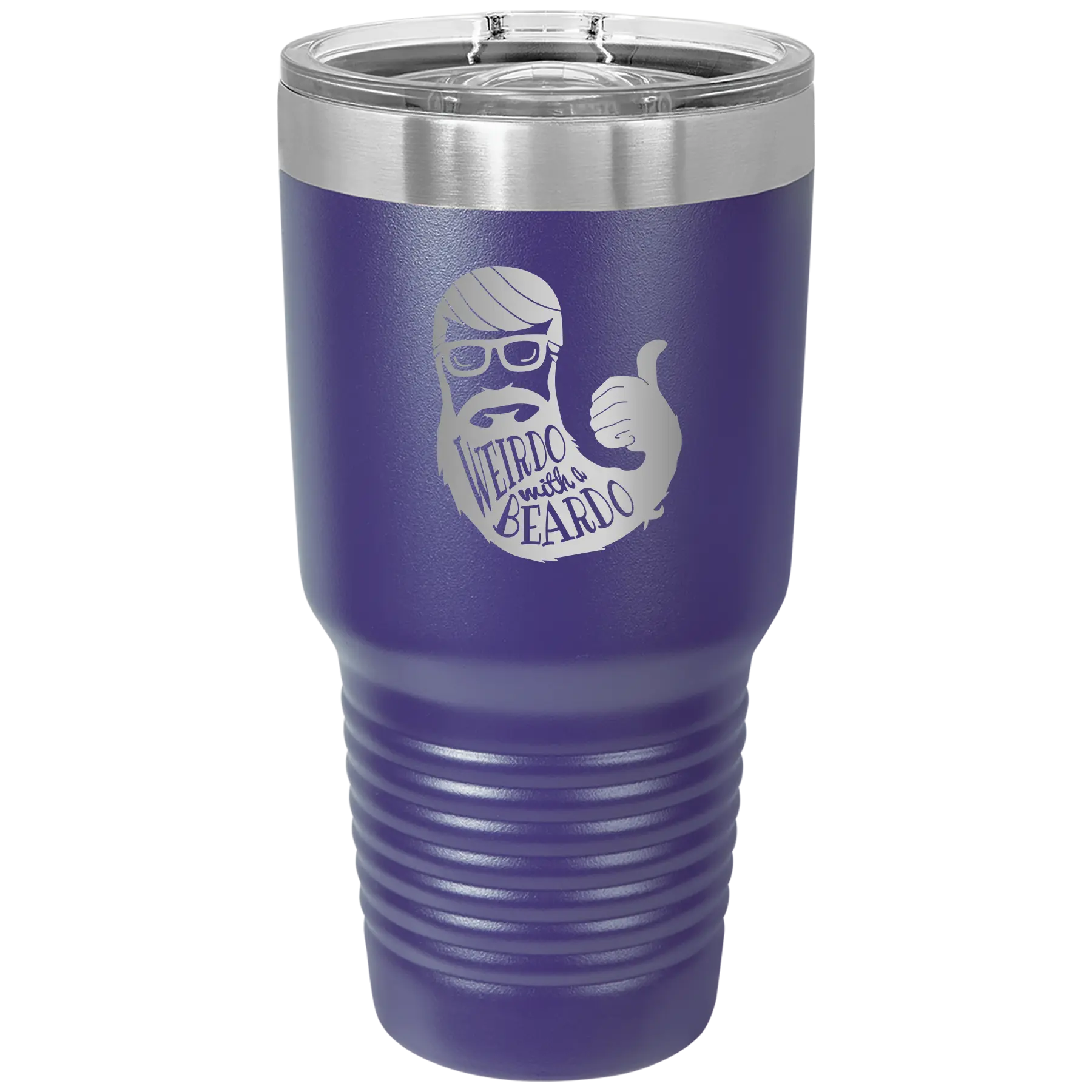 Laser etched purple 30 oz vacuum insulated tumbler with 'Weirdo with a Beardo' design