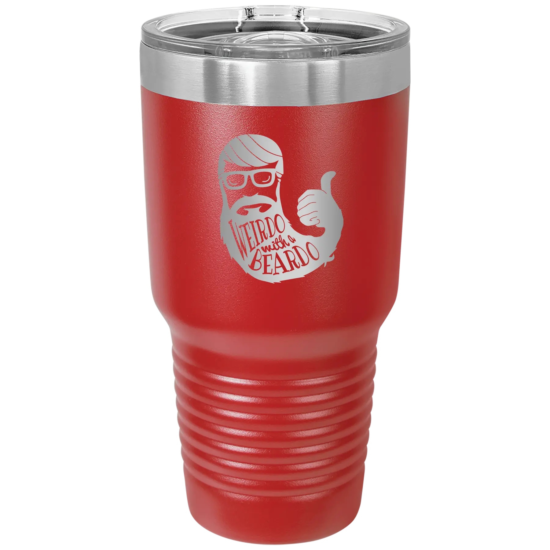 Laser etched red 30 oz vacuum insulated tumbler with 'Weirdo with a Beardo' design
