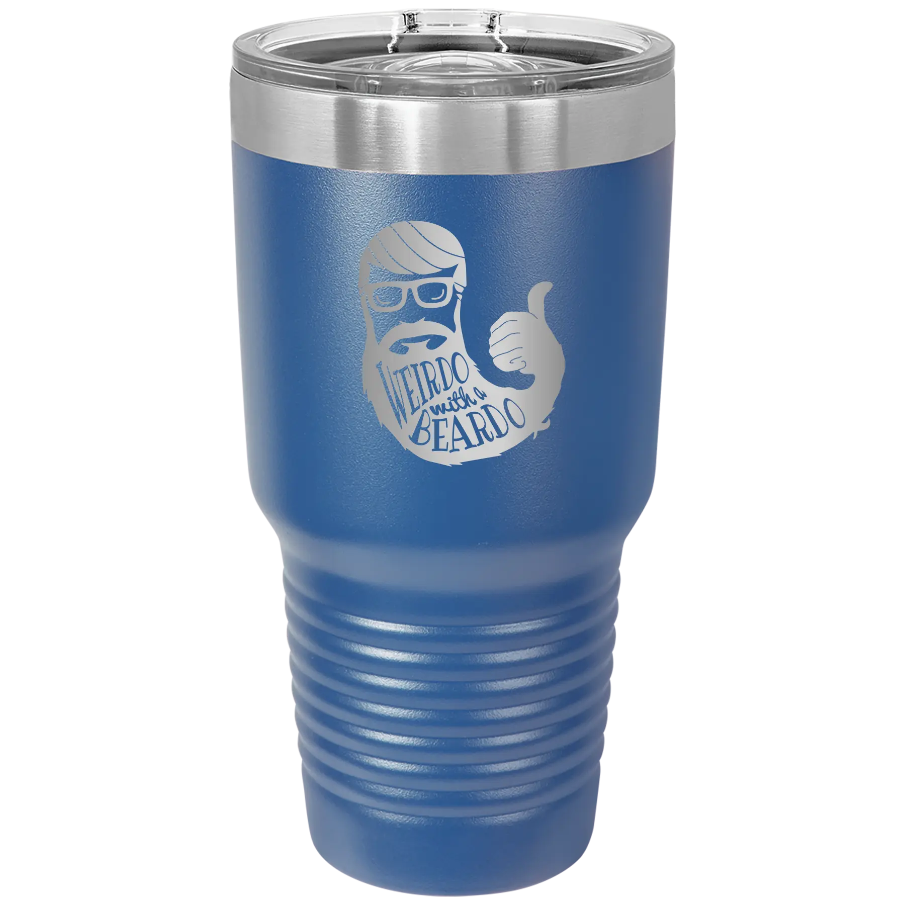 Laser etched royal blue 30 oz vacuum insulated tumbler with 'Weirdo with a Beardo' design