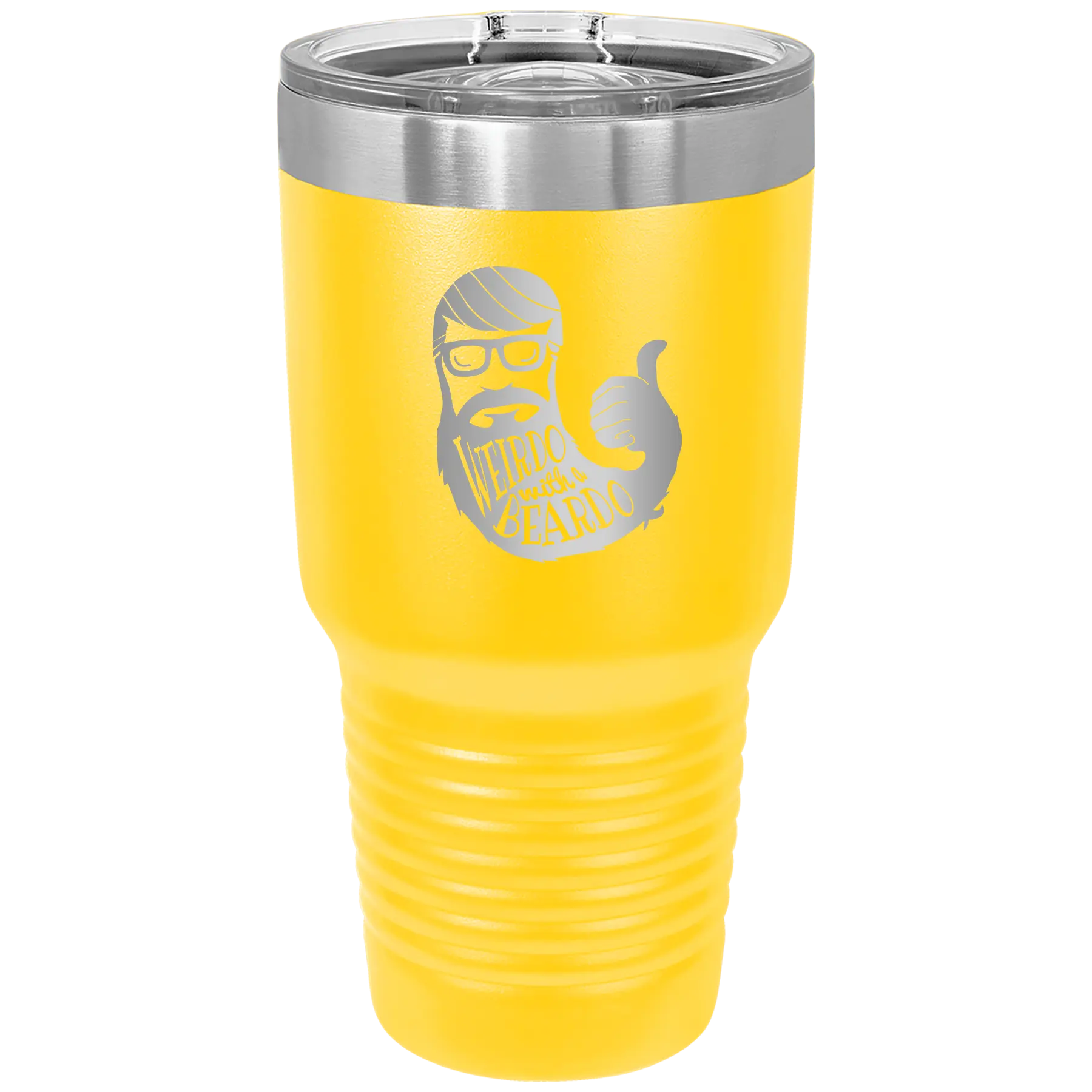 Laser etched yellow 30 oz vacuum insulated tumbler with 'Weirdo with a Beardo' design