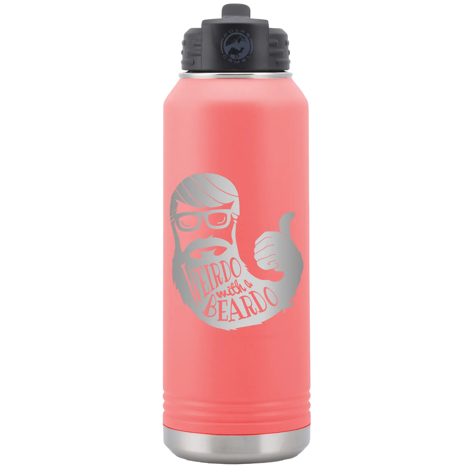 Laser etched coral 32 oz vacuum insulated water bottle with 'Weirdo with a Beardo' design