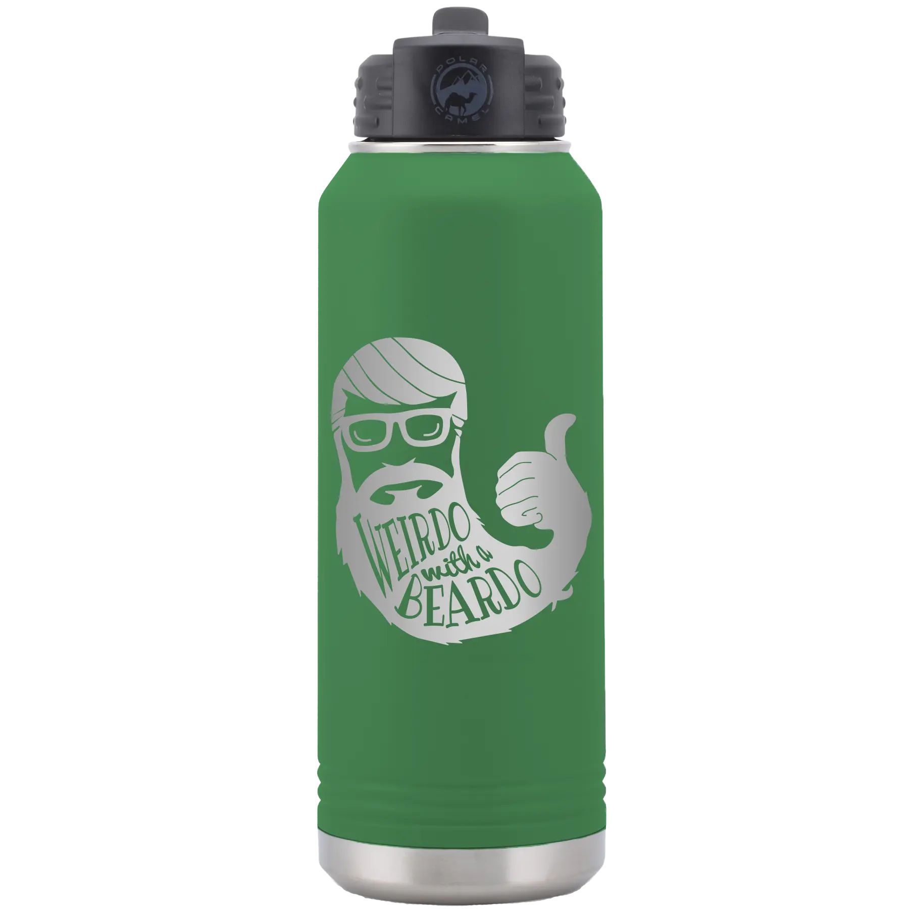 Laser etched green 32 oz vacuum insulated water bottle with 'Weirdo with a Beardo' design