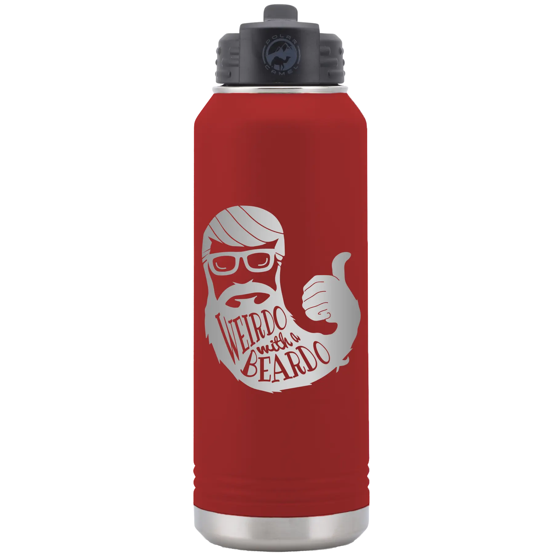 Laser etched maroon 32 oz vacuum insulated water bottle with 'Weirdo with a Beardo' design