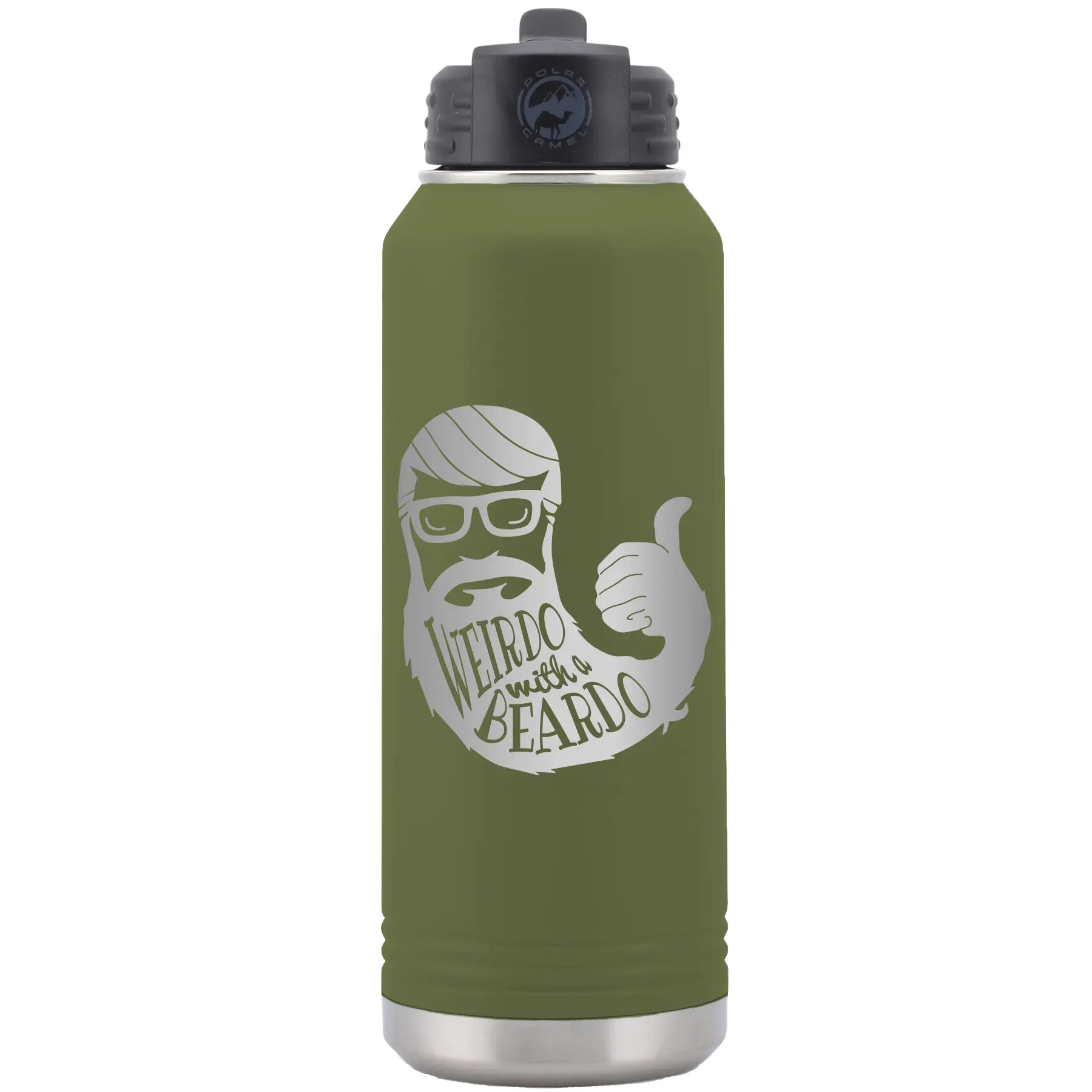 Laser etched olive green 32 oz vacuum insulated water bottle with 'Weirdo with a Beardo' design