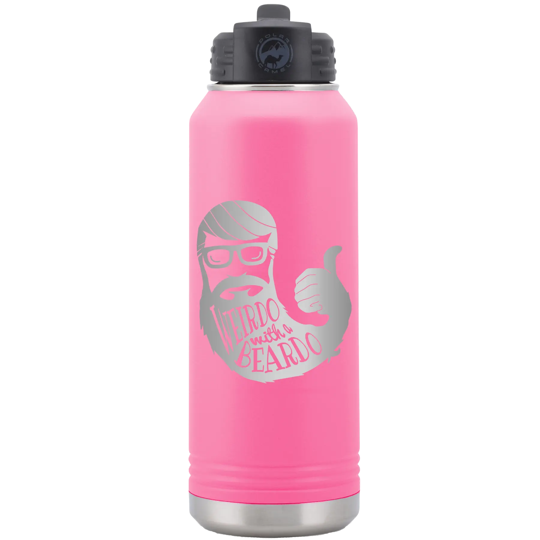 Laser etched pink 32 oz vacuum insulated water bottle with 'Weirdo with a Beardo' design
