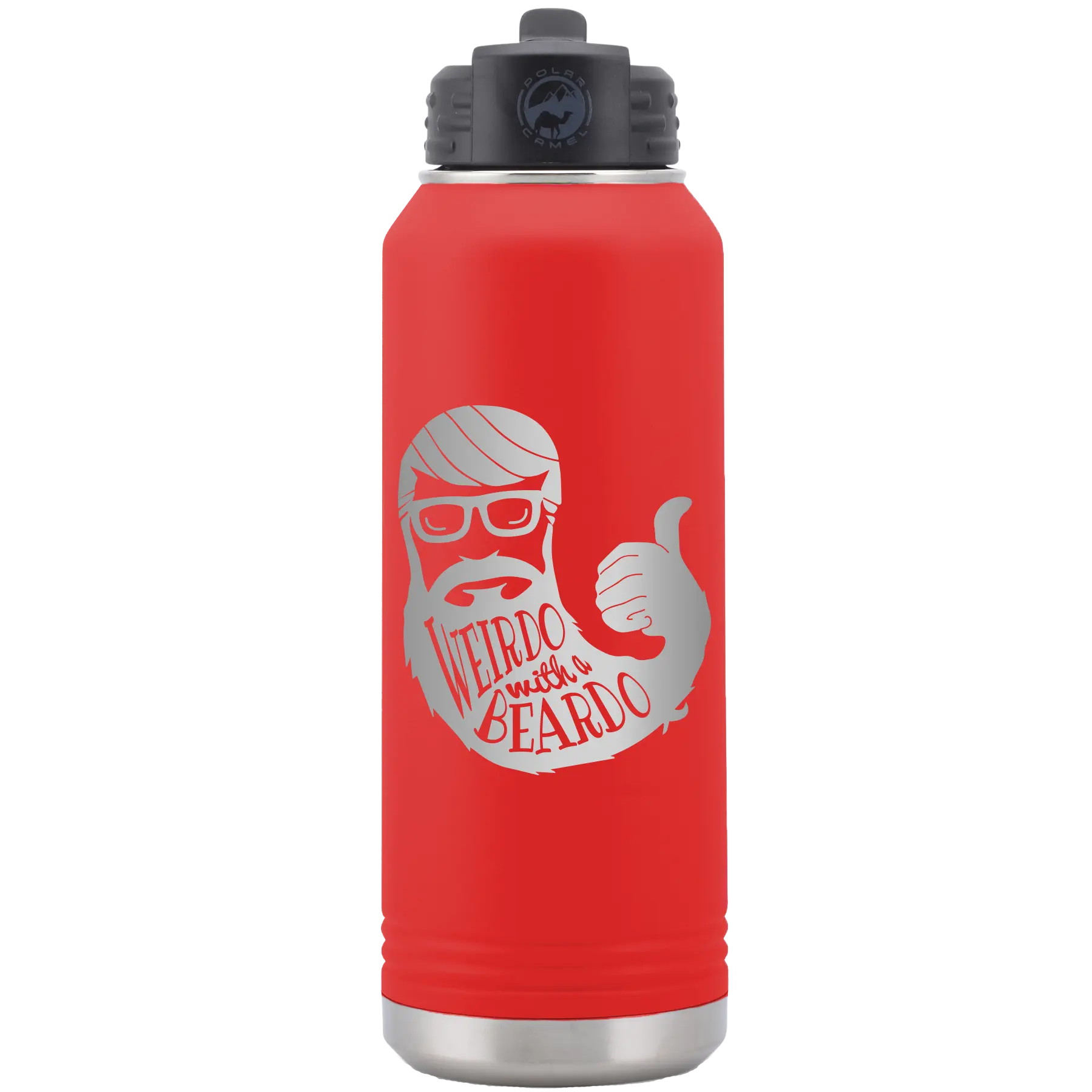 Laser etched red 32 oz vacuum insulated water bottle with 'Weirdo with a Beardo' design