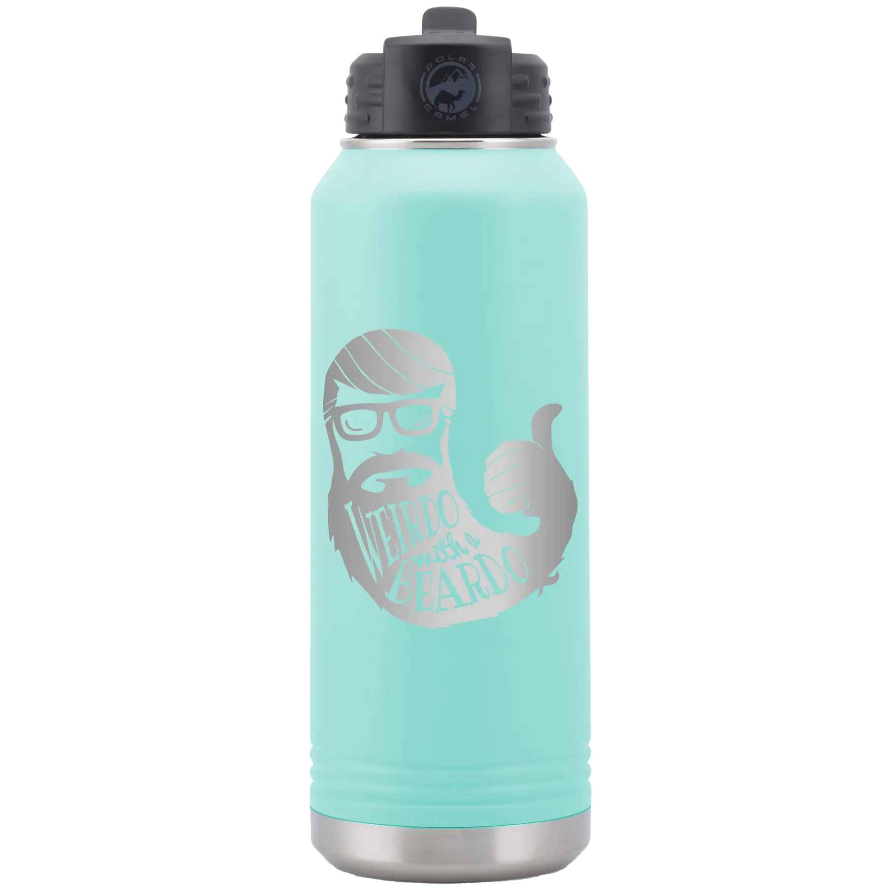 Laser etched teal 32 oz vacuum insulated water bottle with 'Weirdo with a Beardo' design