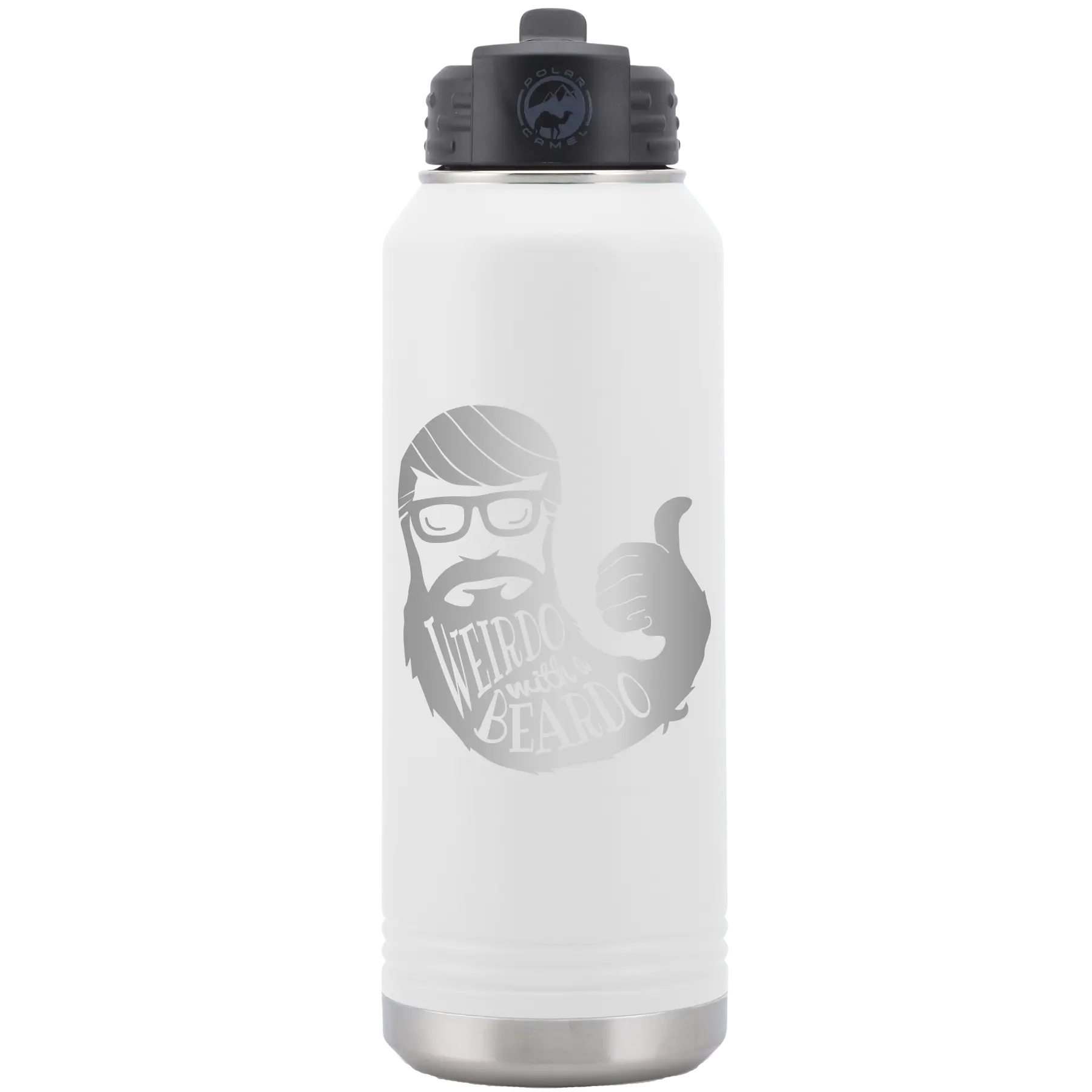 Laser etched white 32 oz vacuum insulated water bottle with 'Weirdo with a Beardo' design