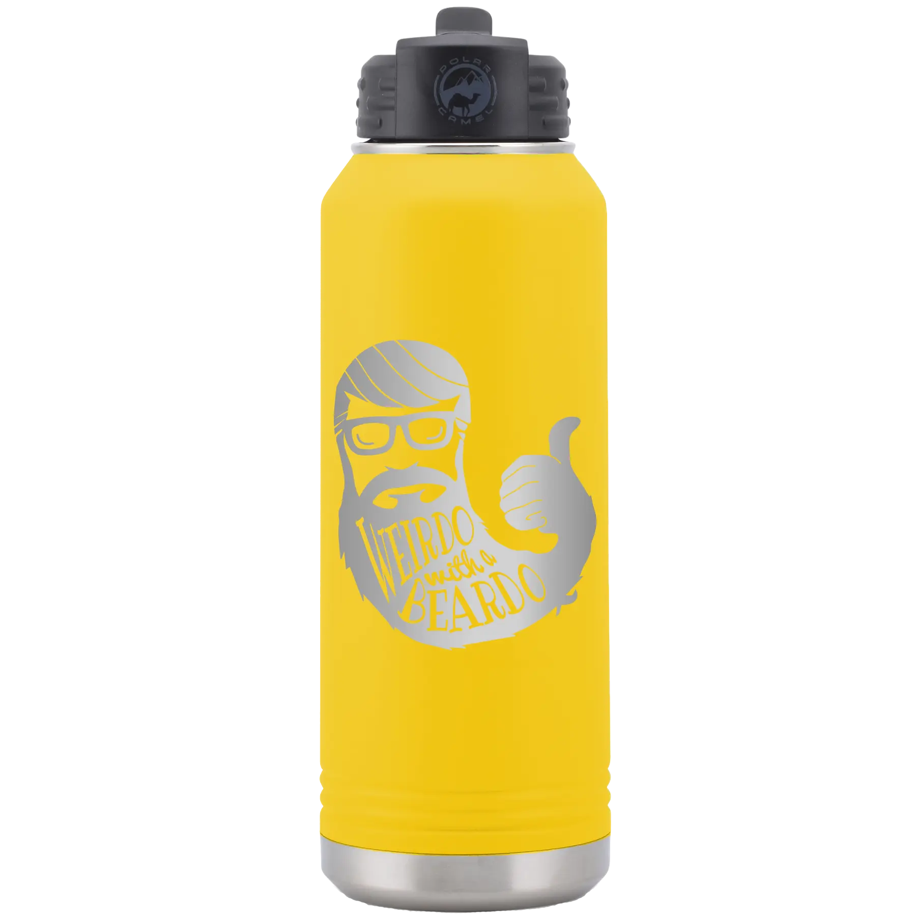 Laser etched yellow 32 oz vacuum insulated water bottle with 'Weirdo with a Beardo' design
