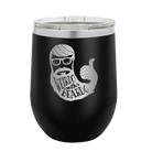 Laser etched black 12 oz vacuum insulated wine cup with 'Weirdo with a Beardo' design