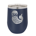 Laser etched navy 12 oz vacuum insulated wine cup with 'Weirdo with a Beardo' design