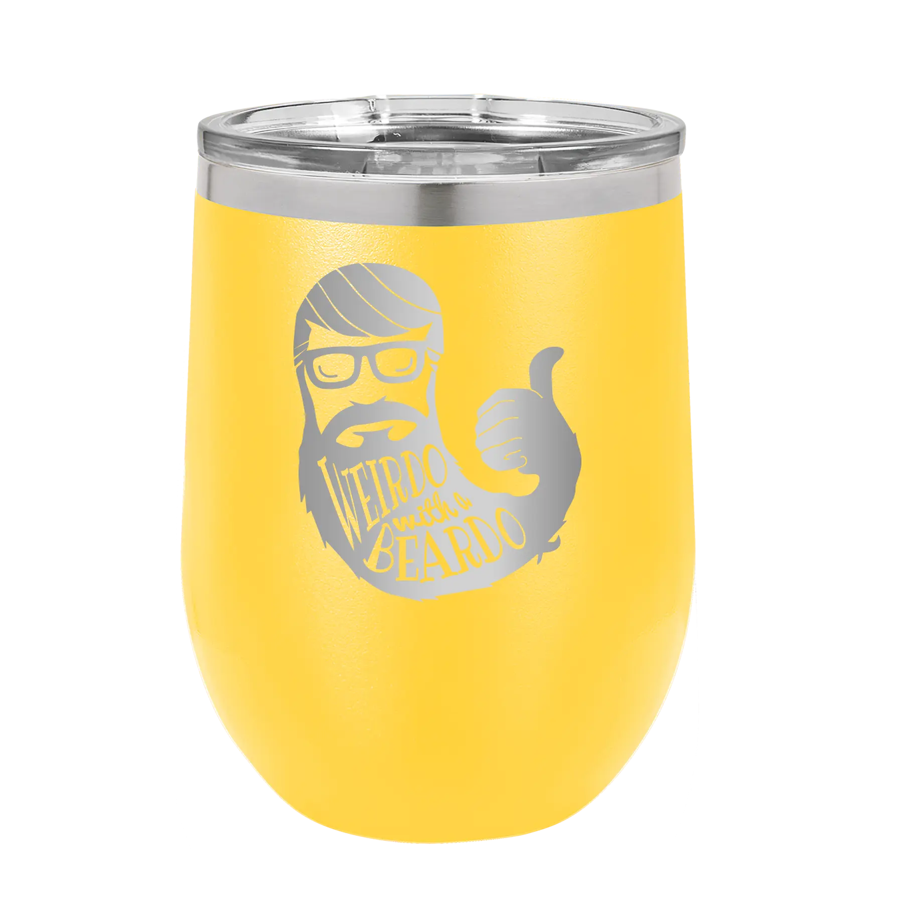 Laser etched yellow 12 oz vacuum insulated wine cup with 'Weirdo with a Beardo' design