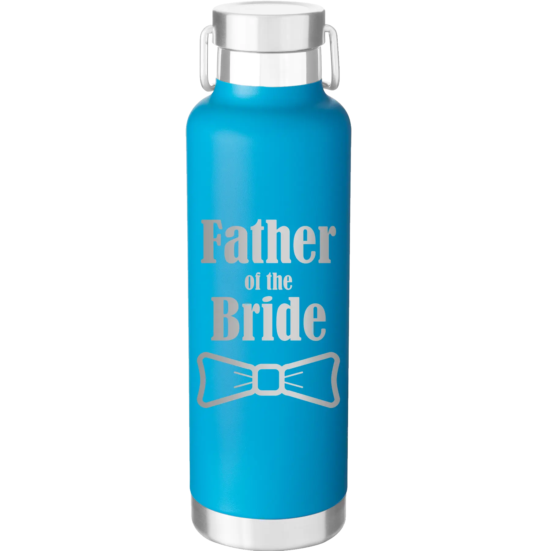 Laser etched aqua 24 oz vacuum insulated water bottle with 'Father of the Bride' design